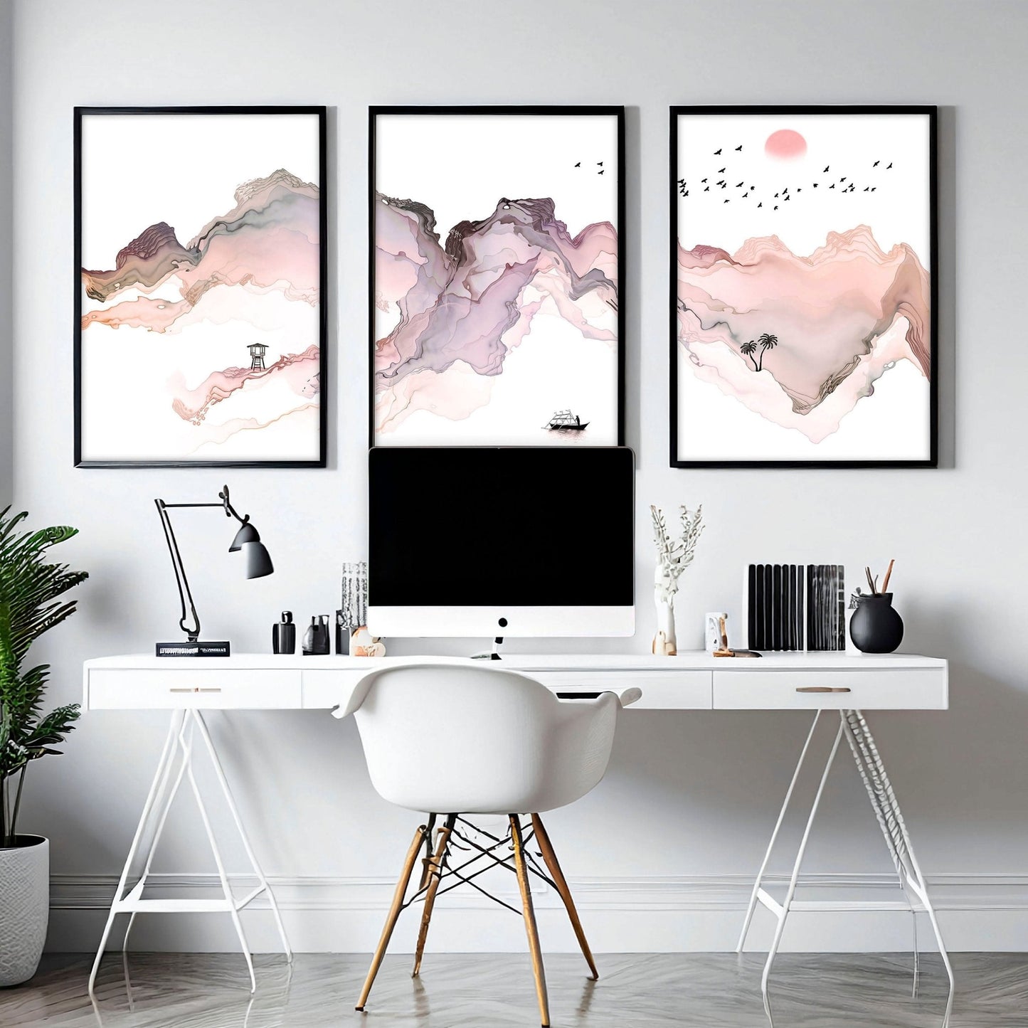 Framed coastal wall art for home office decor | set of 3 wall art