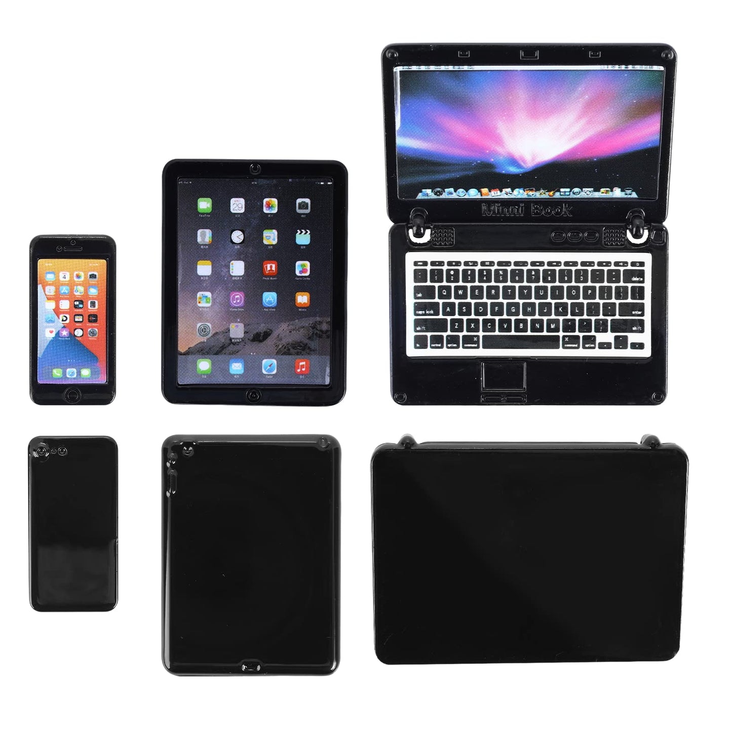 Cobee 3Pcs Miniature Dollhouse Decor: Metal Laptop, Tablet & Phone Set | 1:12 Scale, Black