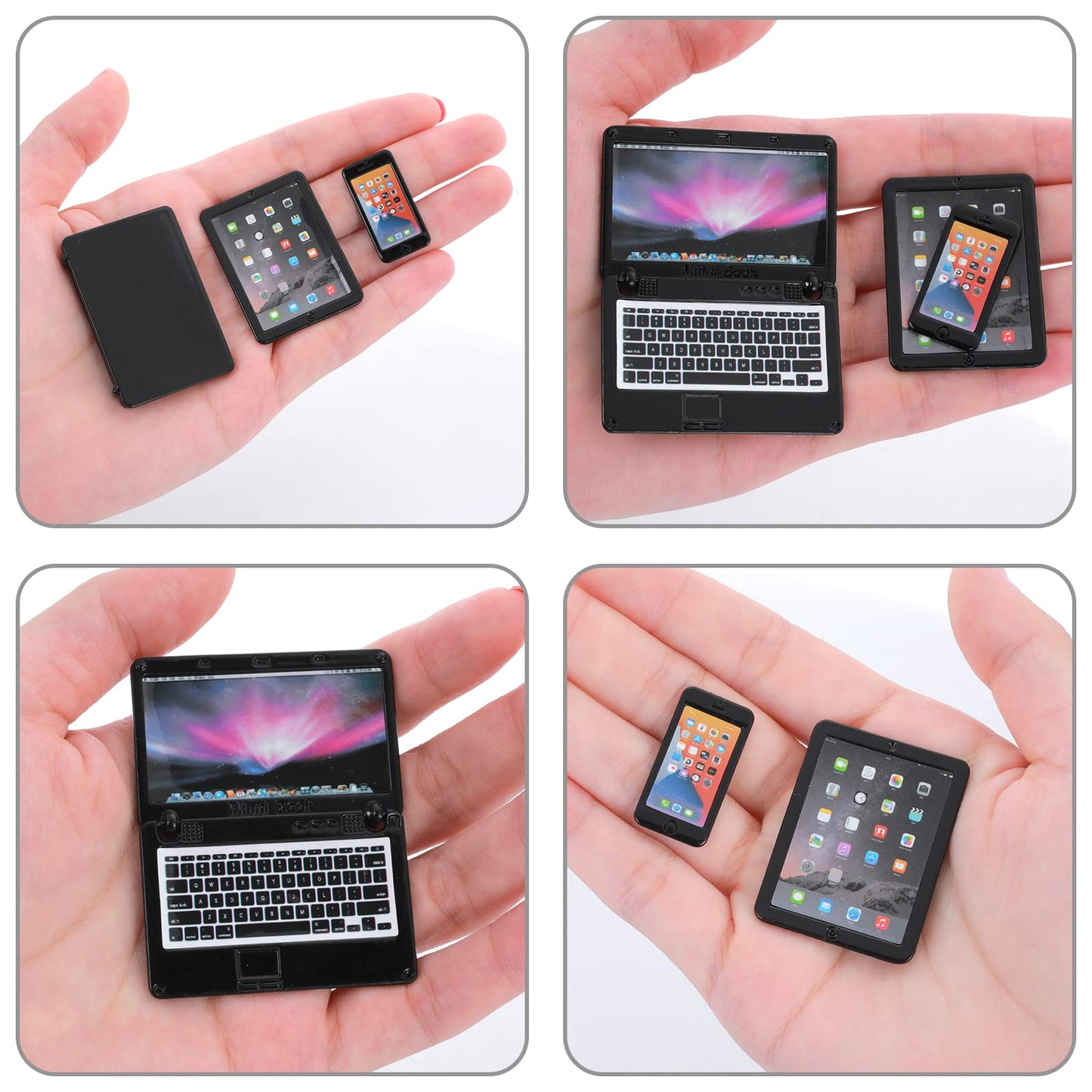 Cobee 3Pcs Miniature Dollhouse Decor: Metal Laptop, Tablet & Phone Set | 1:12 Scale, Black