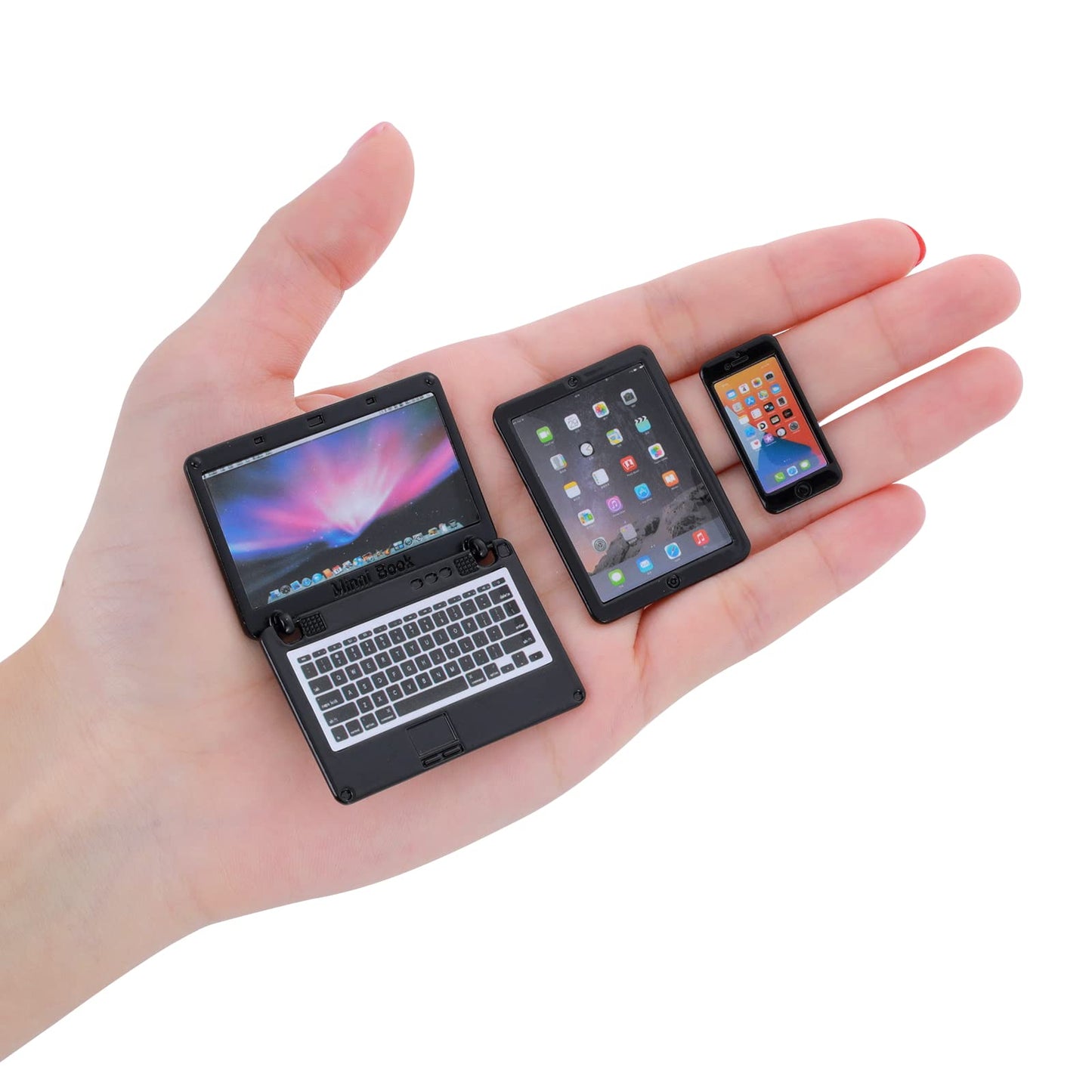 Cobee 3Pcs Miniature Dollhouse Decor: Metal Laptop, Tablet & Phone Set | 1:12 Scale, Black