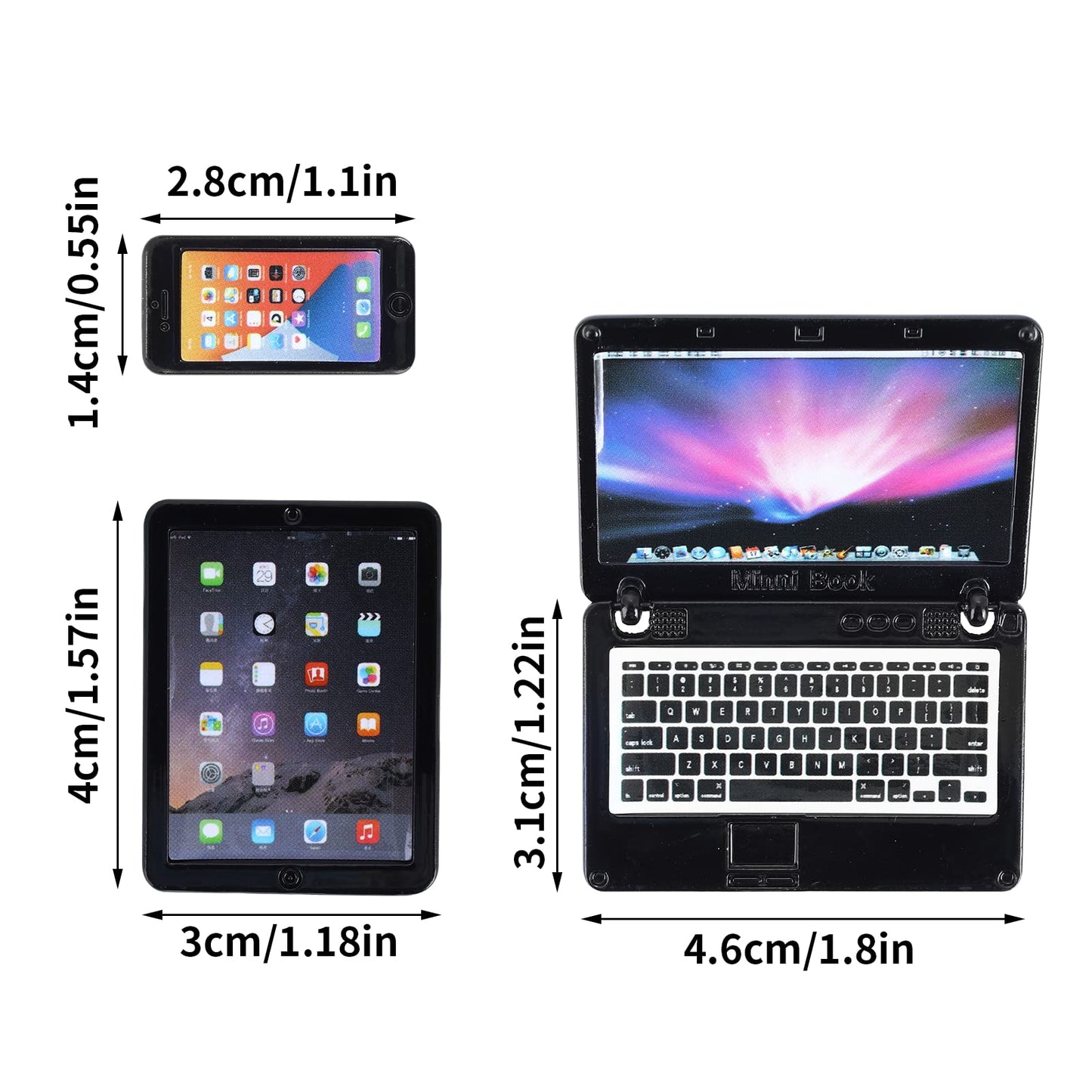 Cobee 3Pcs Miniature Dollhouse Decor: Metal Laptop, Tablet & Phone Set | 1:12 Scale, Black