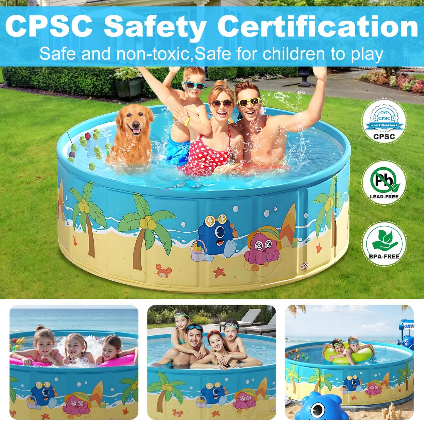 COBOPANDA Foldable Pool 63x18 Inches – Large 238-Gallon Backyard Pool for Kids, Pets & Family