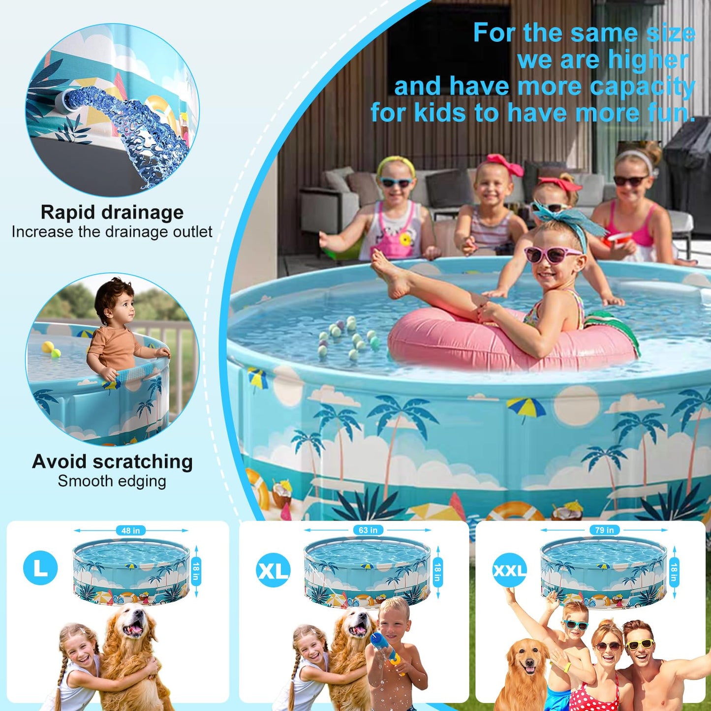 COBOPANDA Foldable Pool 79x18in – Large Family Backyard Pool, Easy Fold & Drain