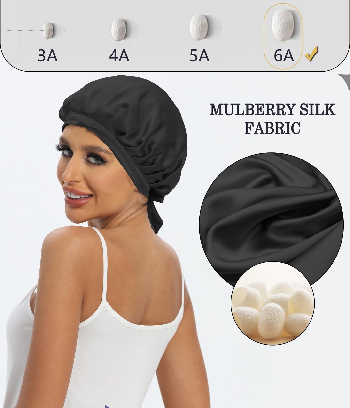 Cocheng 100% Mulberry Silk Bonnet - Double-Sided Sleep Cap with Adjustable Ribbon (19 Momme, Black)