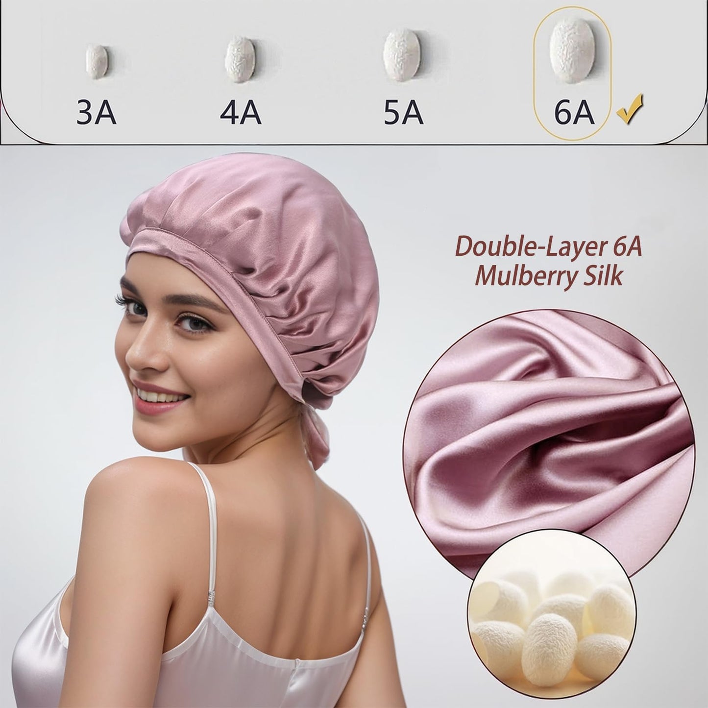 Cocheng Mulberry Silk Bonnet - Double-Sided Sleep Cap with Adjustable Ribbon, 19 Momme, Bean Pink