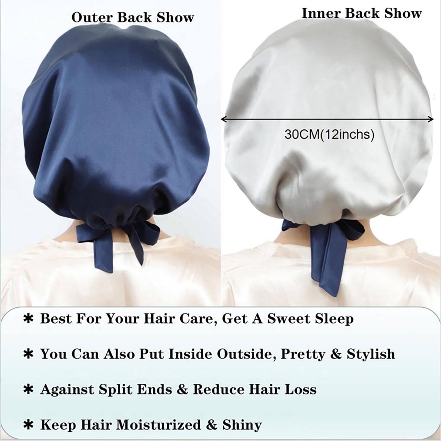 Cocheng 100% Mulberry Silk Bonnet for Sleeping — Double-Layer, 19 Momme, Navy