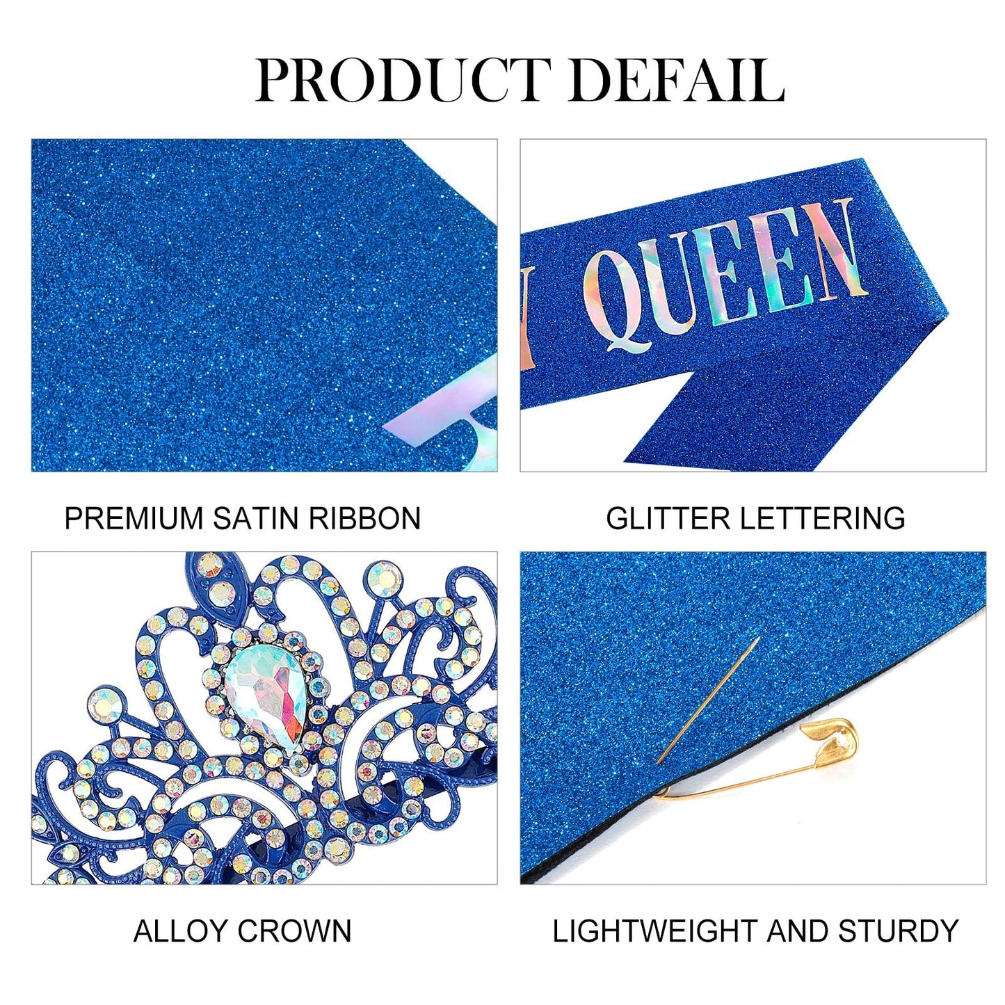 COCIDE Birthday Queen Sash & Crystal Tiara Set – Blue Satin, Rhinestone Crown