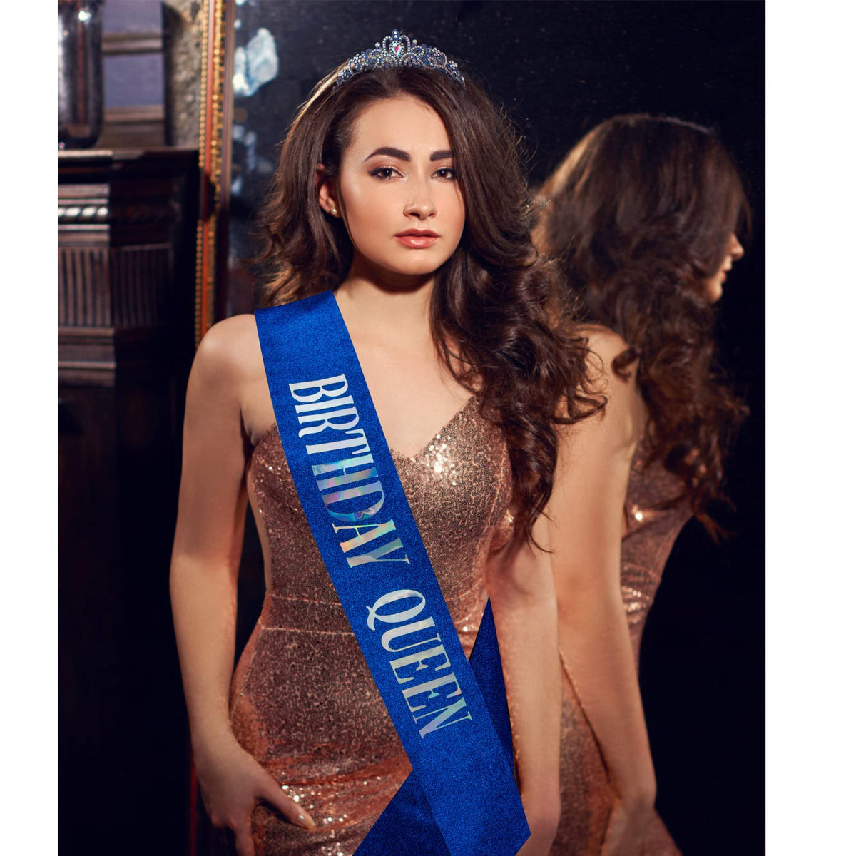 COCIDE Birthday Queen Sash & Crystal Tiara Set – Blue Satin, Rhinestone Crown