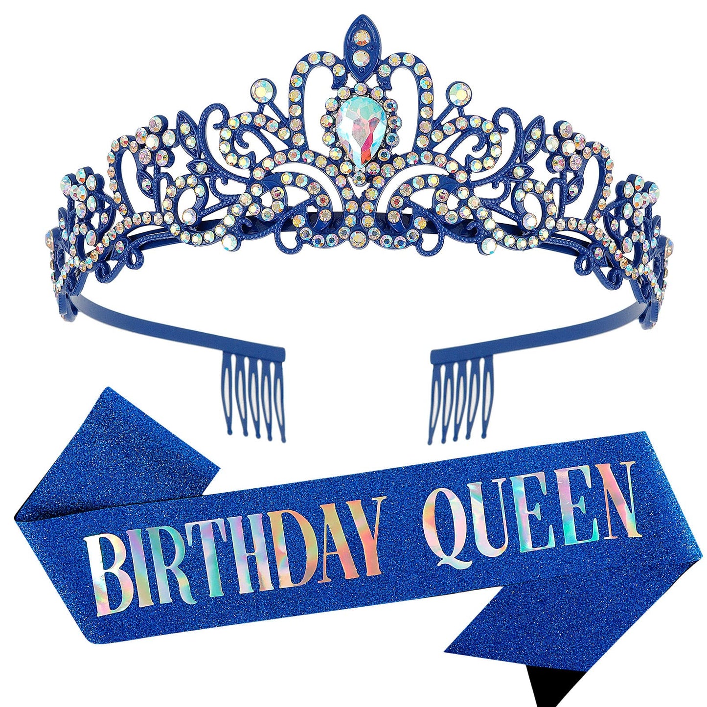 COCIDE Birthday Queen Sash & Crystal Tiara Set – Blue Satin, Rhinestone Crown