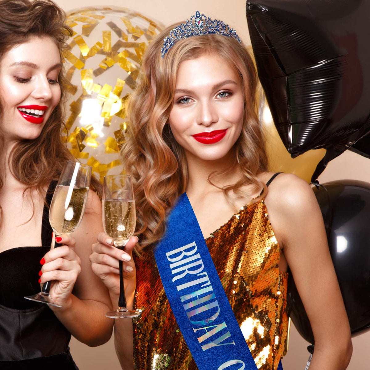 COCIDE Birthday Queen Sash & Crystal Tiara Set – Blue Satin, Rhinestone Crown