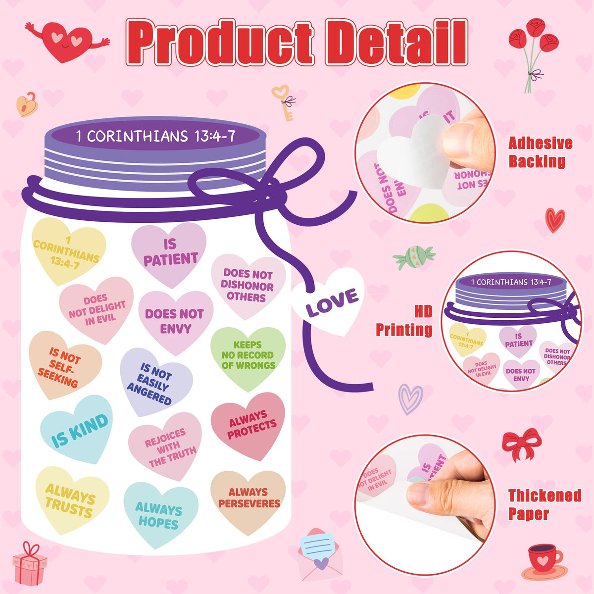 COcnny 24-Set Valentine’s Day Candy Jar Craft Kit for Kids – DIY Heart Decor & 1 Corinthians 13:4-7 Stickers
