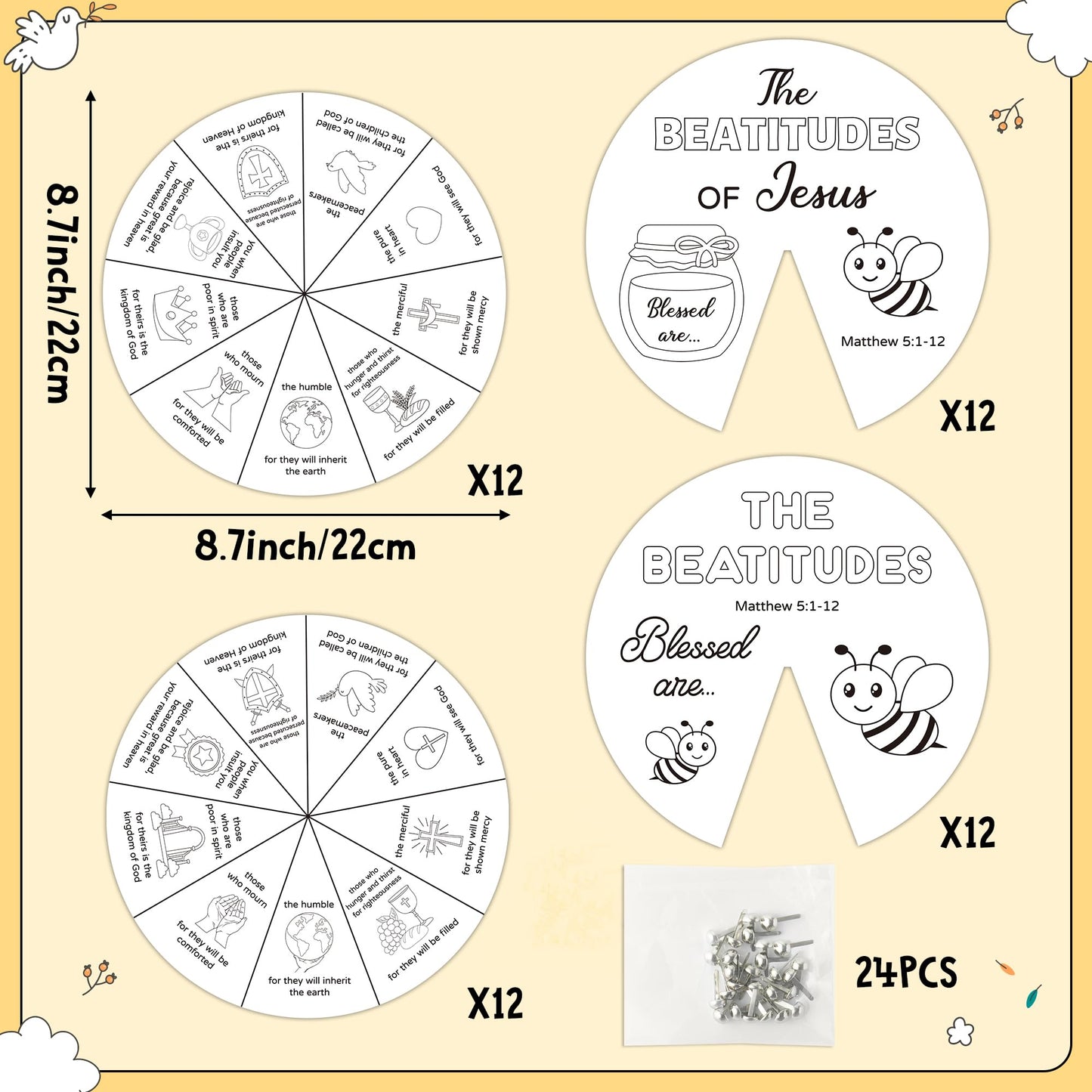 COcnny Religious Coloring Wheel Craft – 24-Set Beatitudes Bible Kids Kit