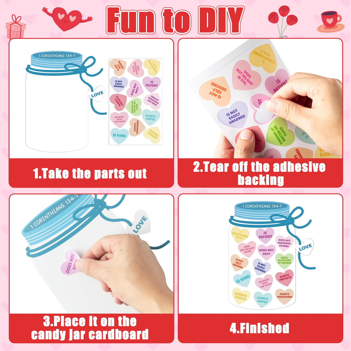 COcnny 24-Set Valentine’s Day Candy Jar Craft Kit for Kids – DIY Heart Decor & 1 Corinthians 13:4-7 Stickers