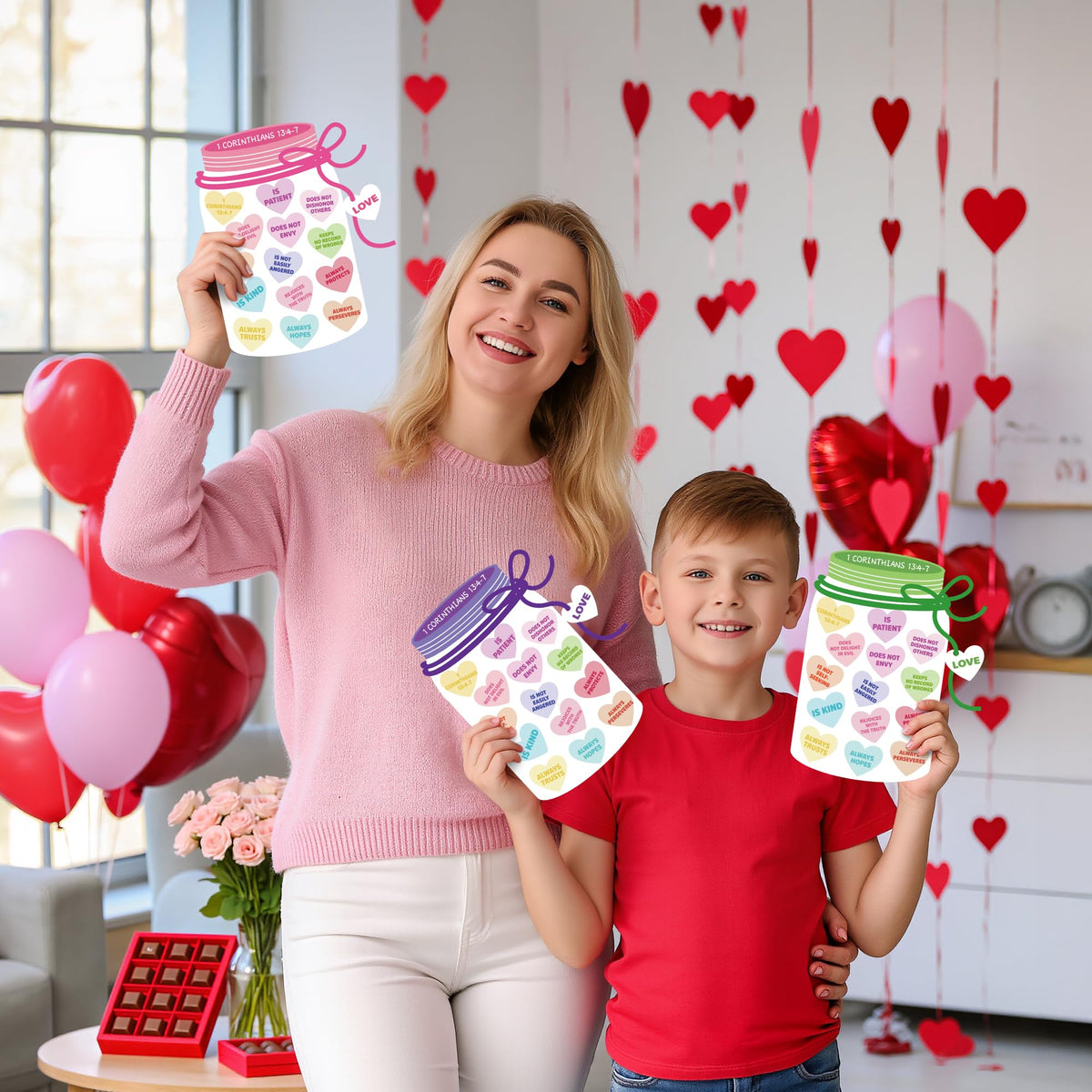 COcnny 24-Set Valentine’s Day Candy Jar Craft Kit for Kids – DIY Heart Decor & 1 Corinthians 13:4-7 Stickers