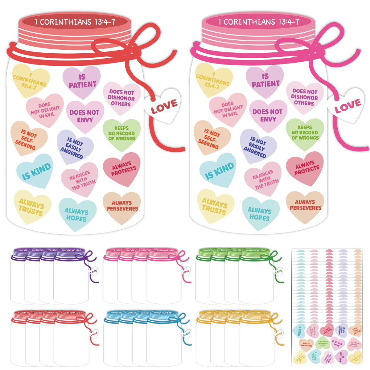 COcnny 24-Set Valentine’s Day Candy Jar Craft Kit for Kids – DIY Heart Decor & 1 Corinthians 13:4-7 Stickers