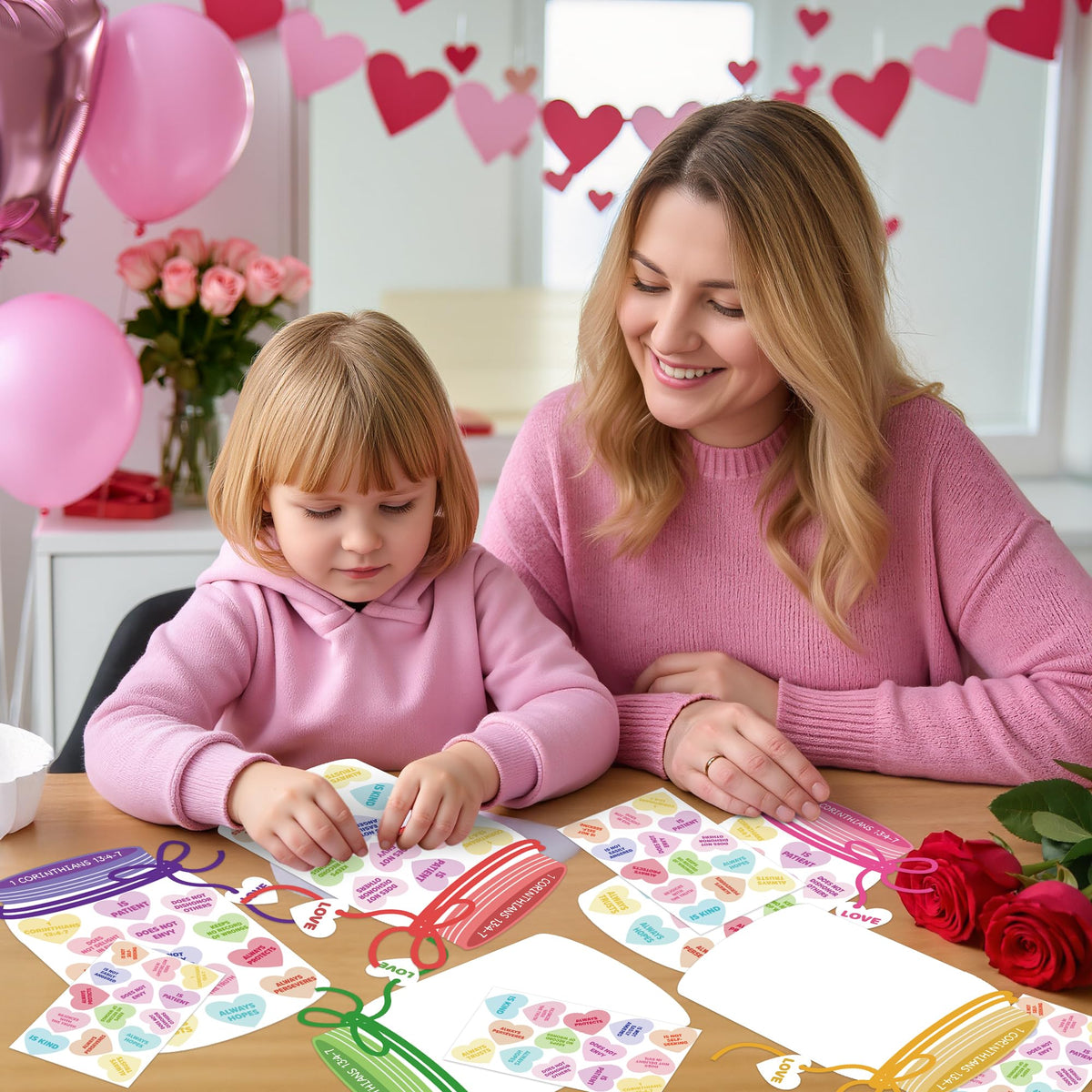 COcnny 24-Set Valentine’s Day Candy Jar Craft Kit for Kids – DIY Heart Decor & 1 Corinthians 13:4-7 Stickers