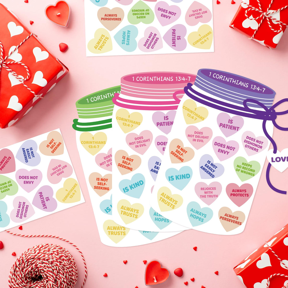 COcnny 24-Set Valentine’s Day Candy Jar Craft Kit for Kids – DIY Heart Decor & 1 Corinthians 13:4-7 Stickers