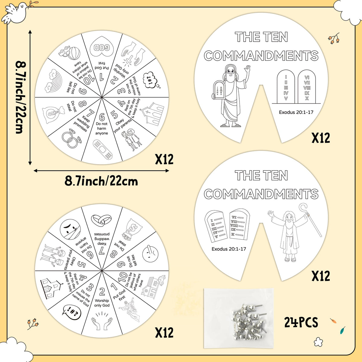 COcnny Ten Commandments Coloring Wheel Kit – 24 Card DIY Religious Art for Kids