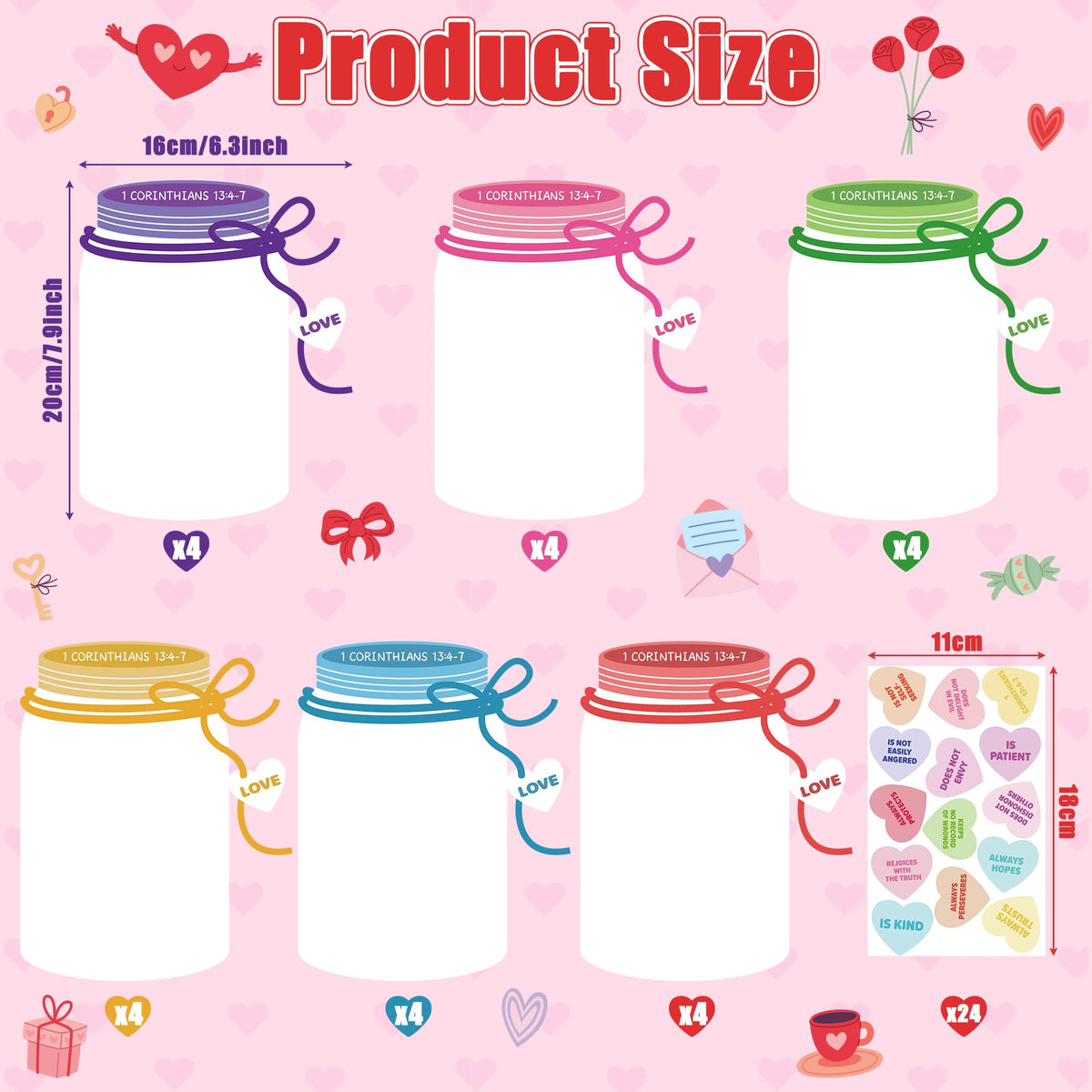 COcnny 24-Set Valentine’s Day Candy Jar Craft Kit for Kids – DIY Heart Decor & 1 Corinthians 13:4-7 Stickers