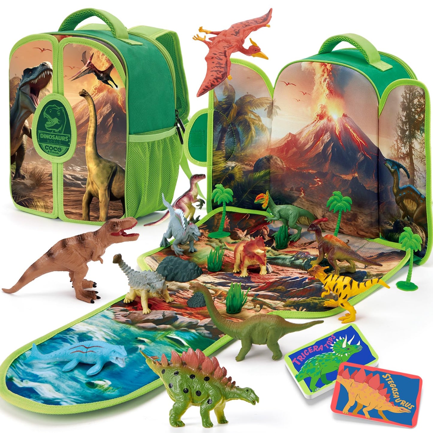 COCO&Friends Dinosaur Backpack Play Set – Portable Foldable 3D Mat for Kids Ages 3-8