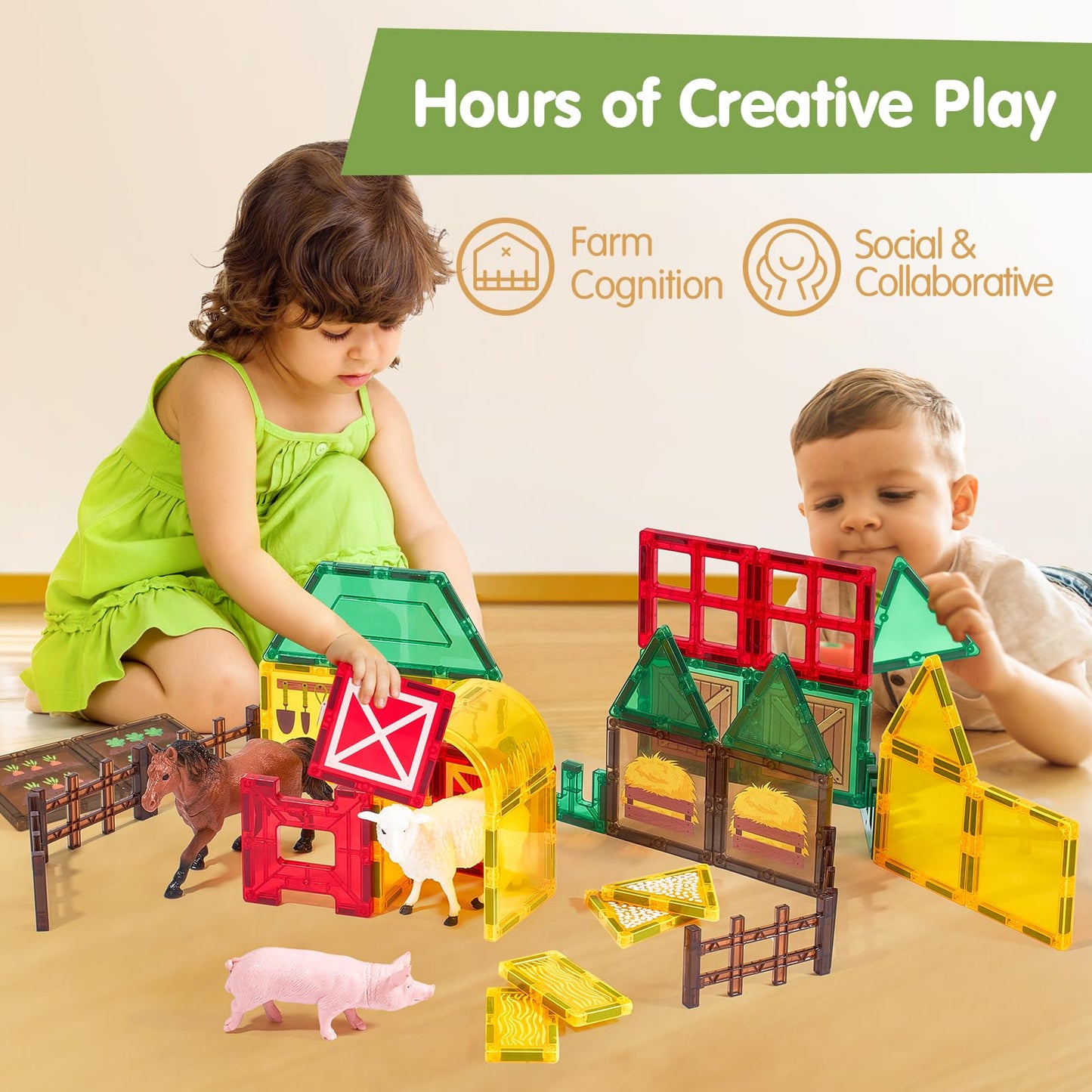 COCO&Friends 41-Piece Magnetic Farm Tiles – Montessori-Style Playset for Toddlers 3-8