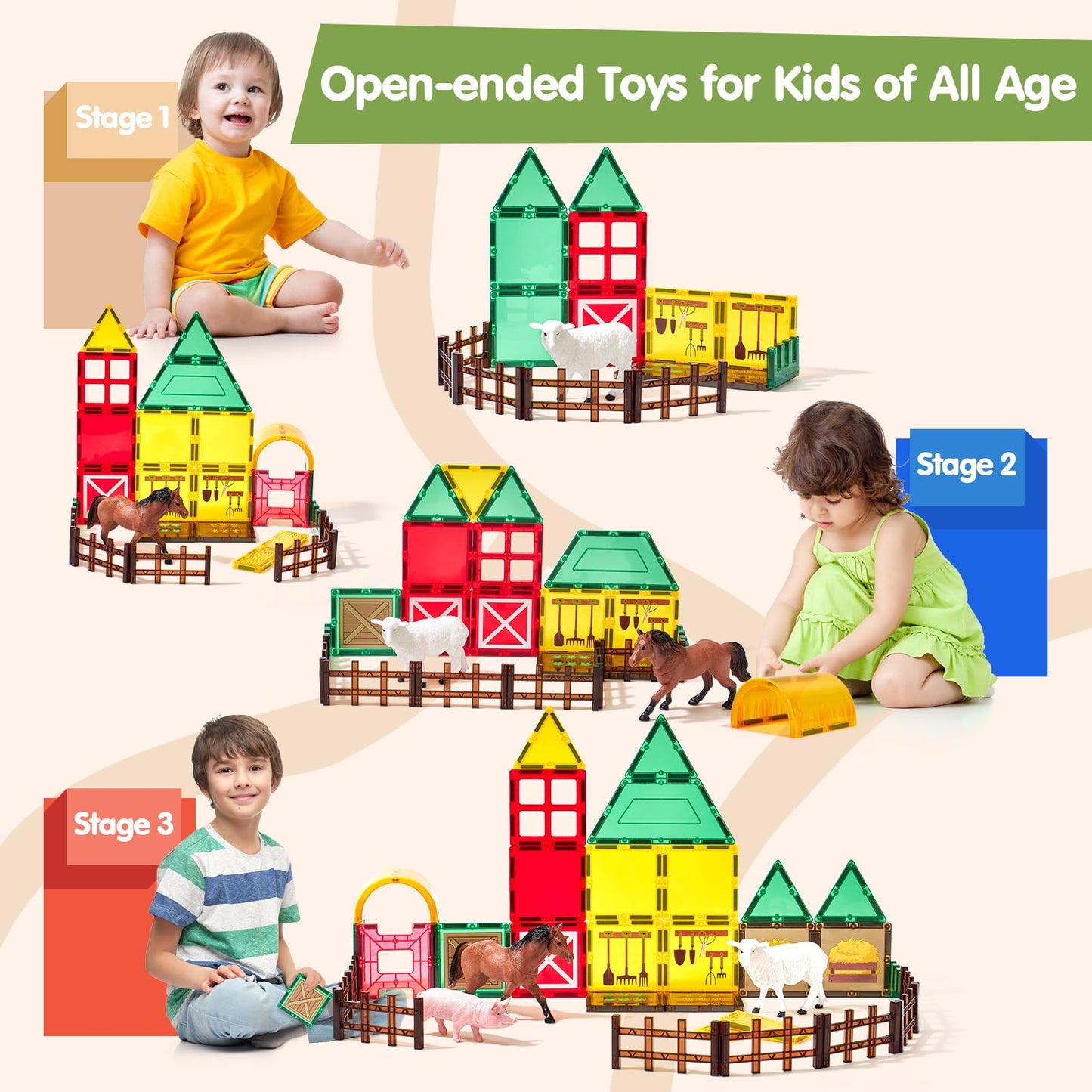 COCO&Friends 41-Piece Magnetic Farm Tiles – Montessori-Style Playset for Toddlers 3-8