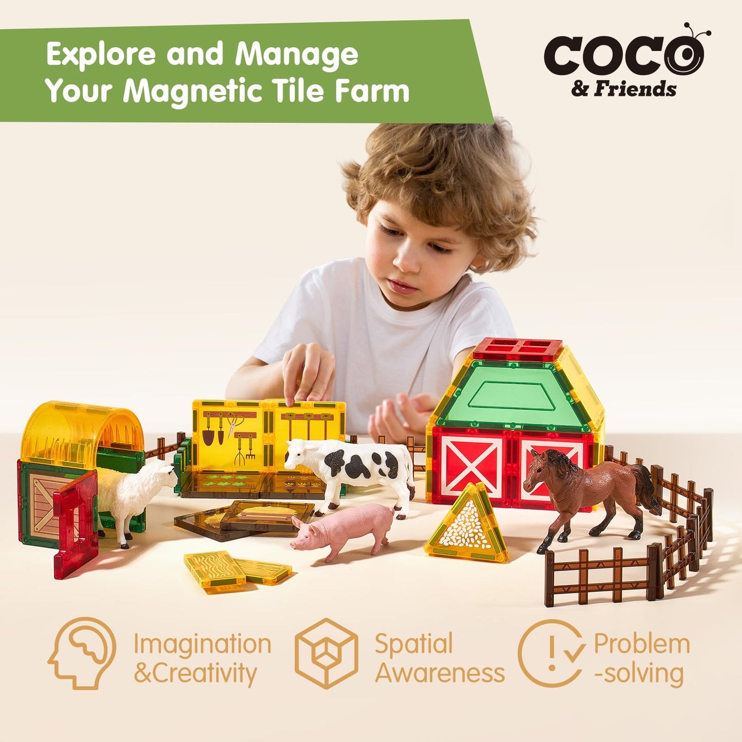 COCO&Friends 41-Piece Magnetic Farm Tiles – Montessori-Style Playset for Toddlers 3-8