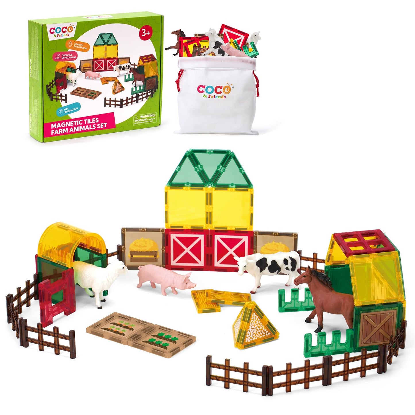 COCO&Friends 41-Piece Magnetic Farm Tiles – Montessori-Style Playset for Toddlers 3-8