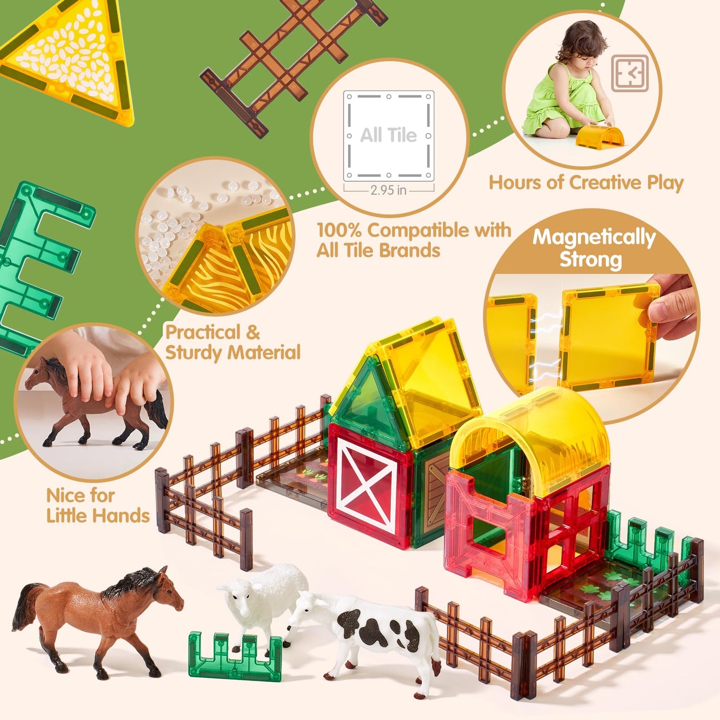 COCO&Friends 41-Piece Magnetic Farm Tiles – Montessori-Style Playset for Toddlers 3-8