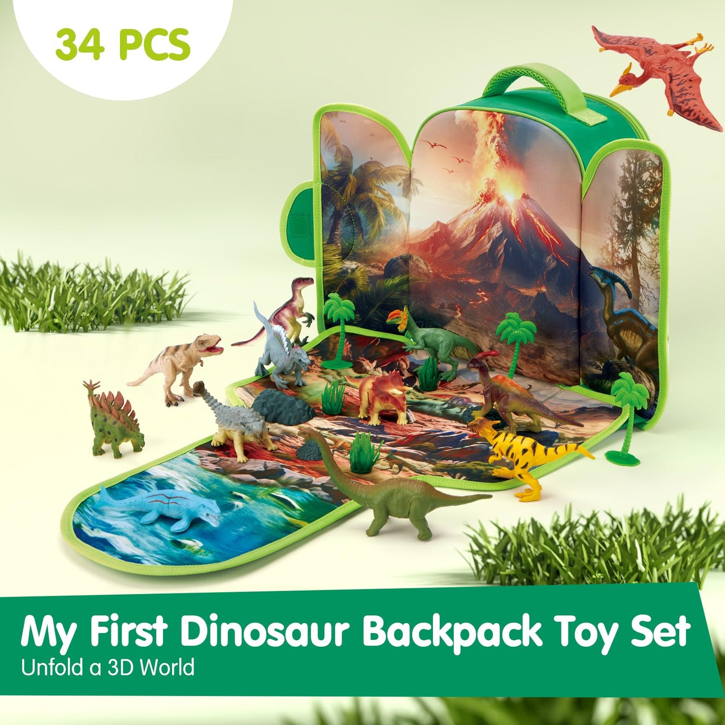 COCO&Friends Dinosaur Backpack Play Set – Portable Foldable 3D Mat for Kids Ages 3-8