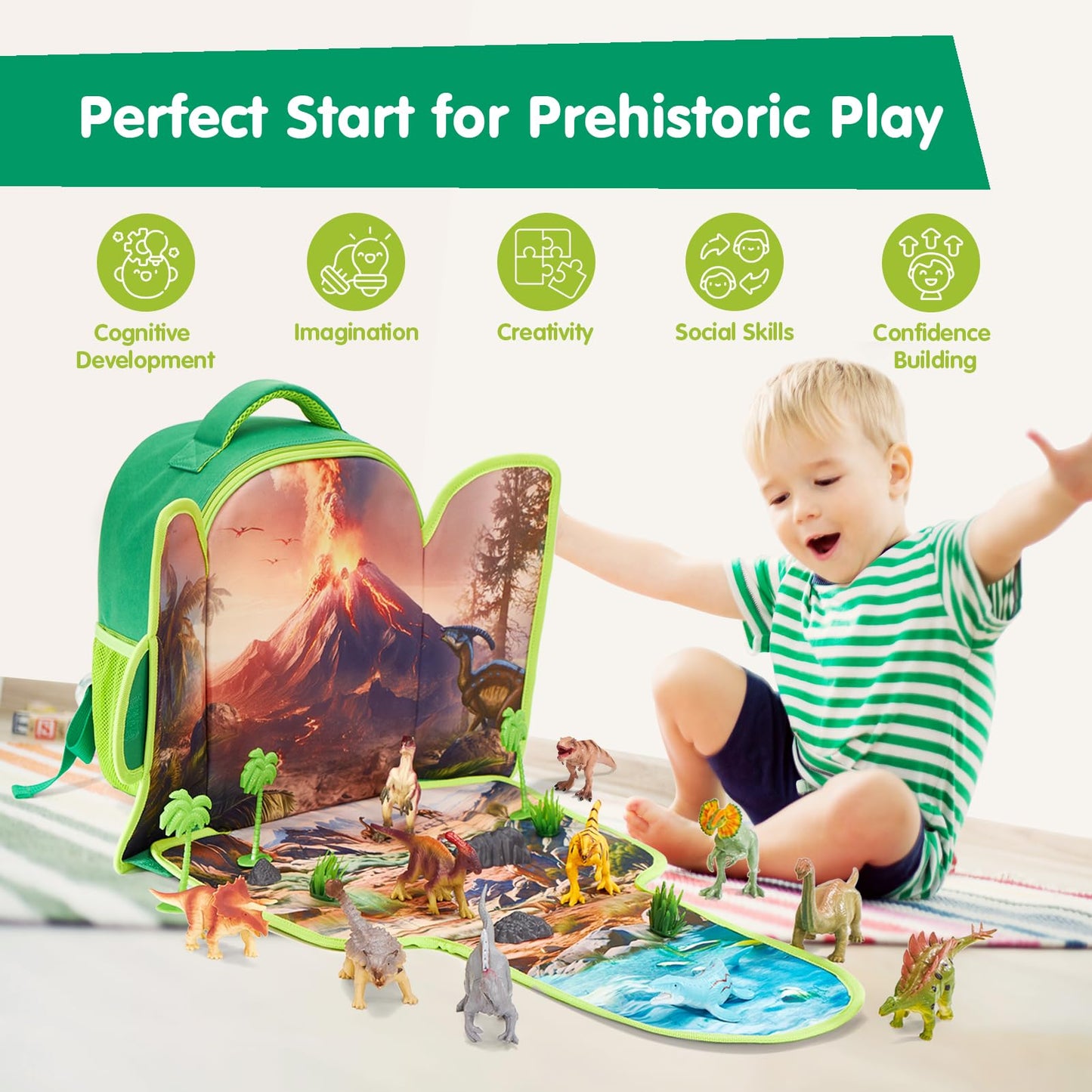 COCO&Friends Dinosaur Backpack Play Set – Portable Foldable 3D Mat for Kids Ages 3-8