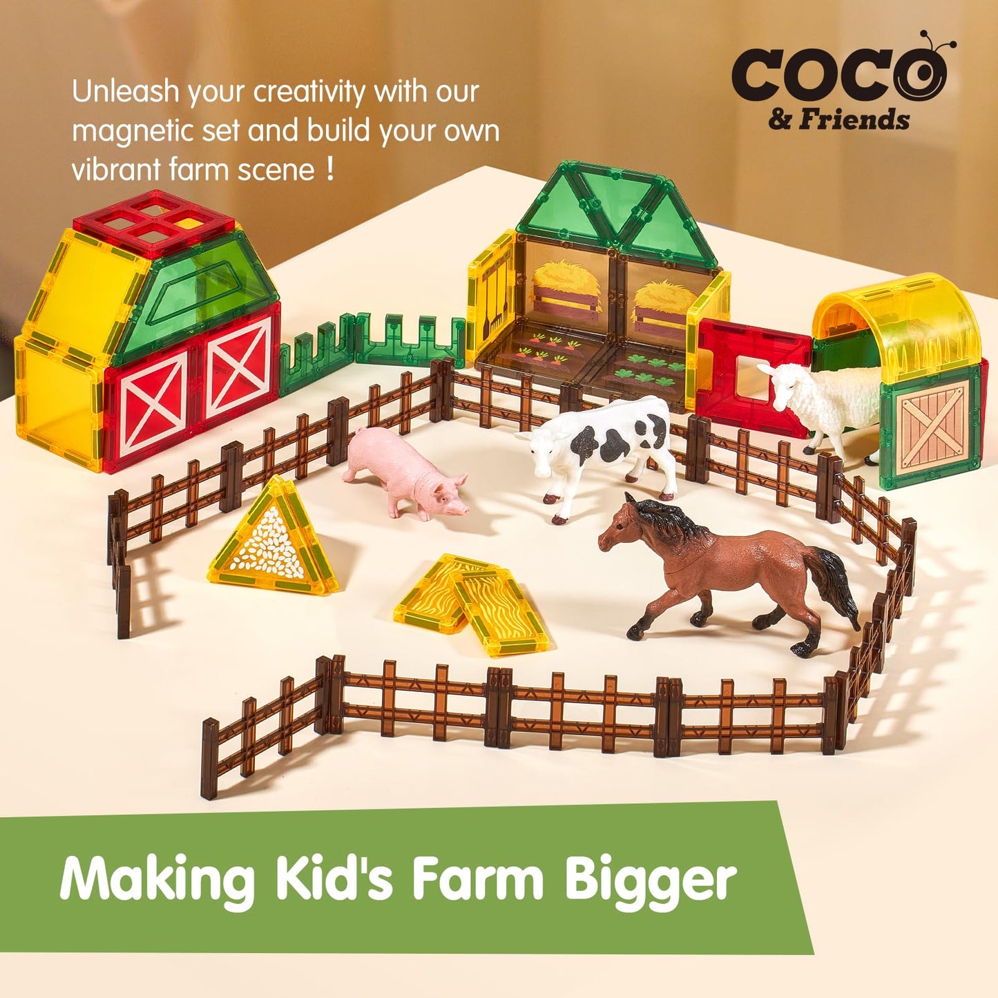 COCO&Friends 41-Piece Magnetic Farm Tiles – Montessori-Style Playset for Toddlers 3-8