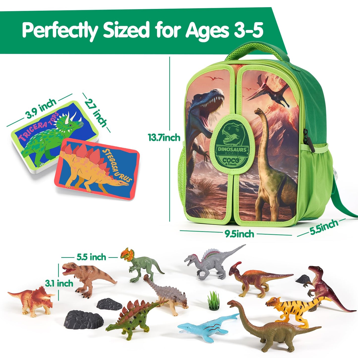 COCO&Friends Dinosaur Backpack Play Set – Portable Foldable 3D Mat for Kids Ages 3-8