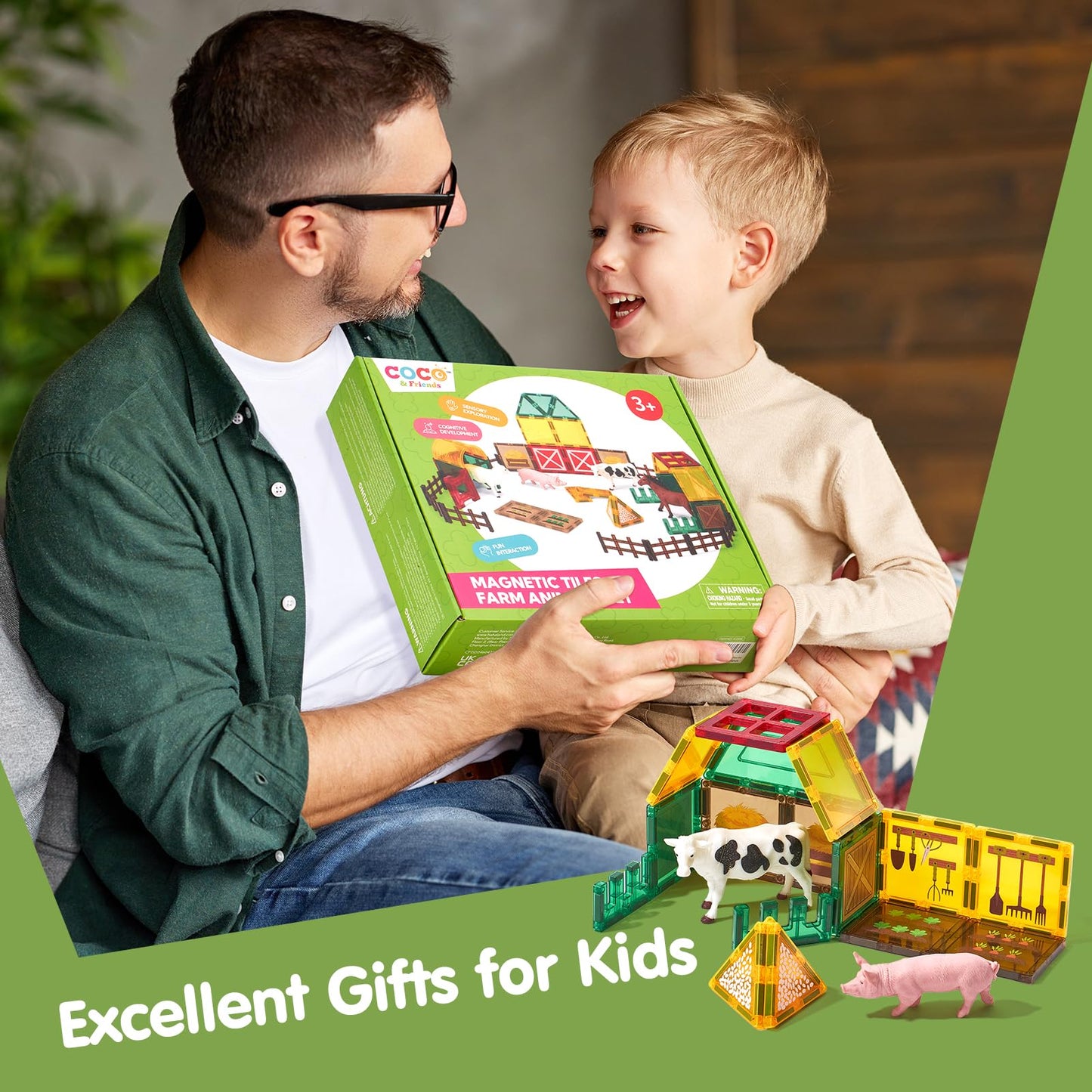 COCO&Friends 41-Piece Magnetic Farm Tiles – Montessori-Style Playset for Toddlers 3-8