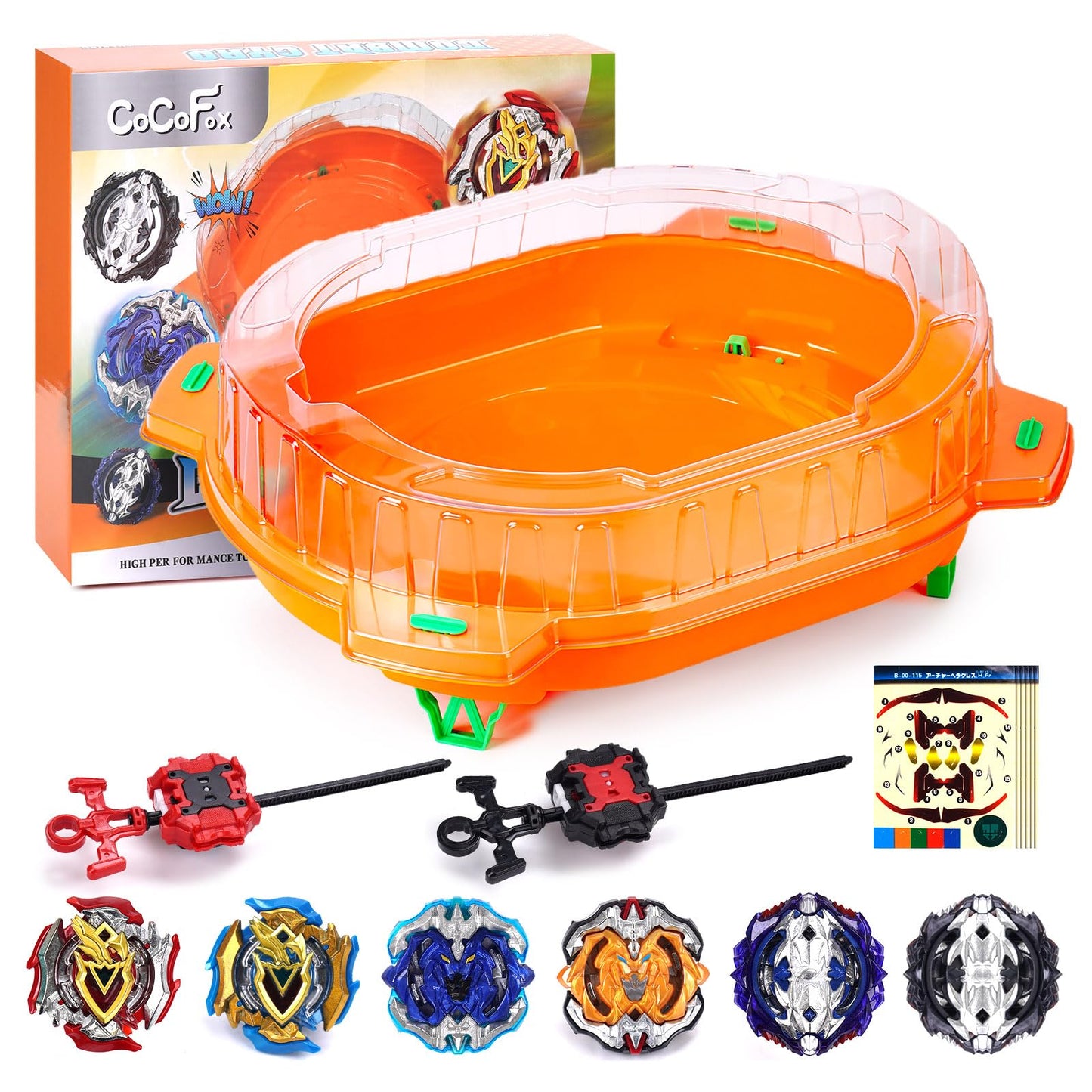 COCOFOX Battling Top Burst Toy Set – 6 Tops, 2 Launchers, 1 Stadium (Orange)