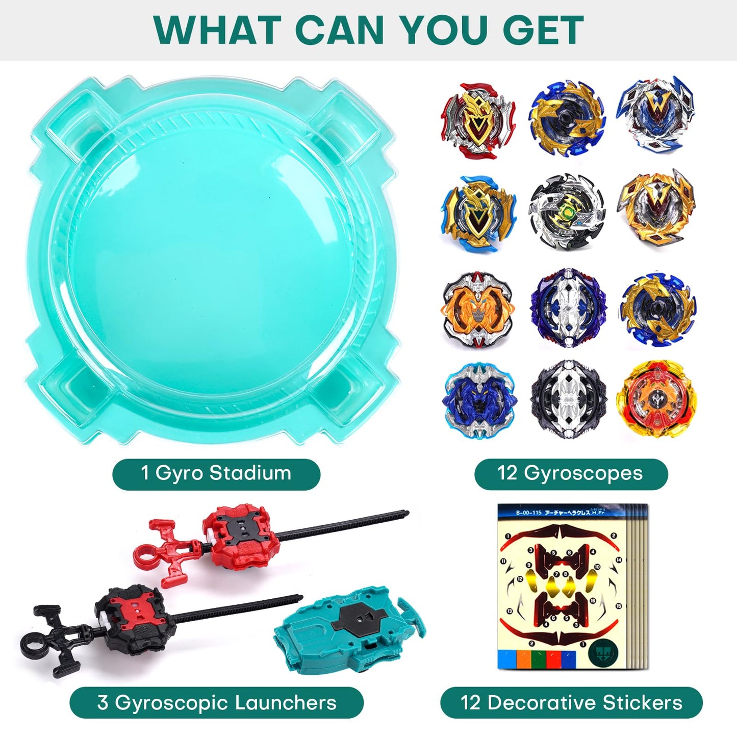 COCOFOX Burst Set: 12 Tops, 3 Right-Spin Launchers & Stadium – Amazon Exclusive Green