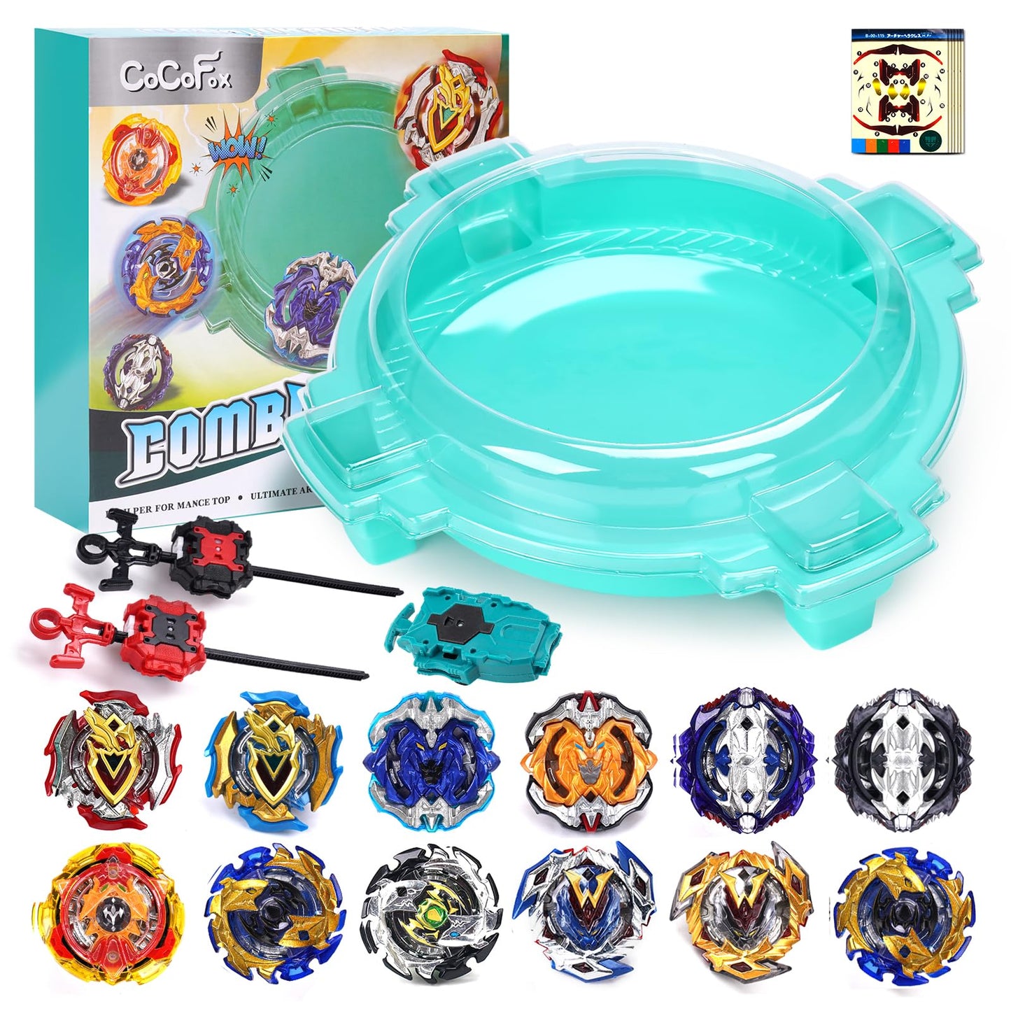 COCOFOX Burst Set: 12 Tops, 3 Right-Spin Launchers & Stadium – Amazon Exclusive Green