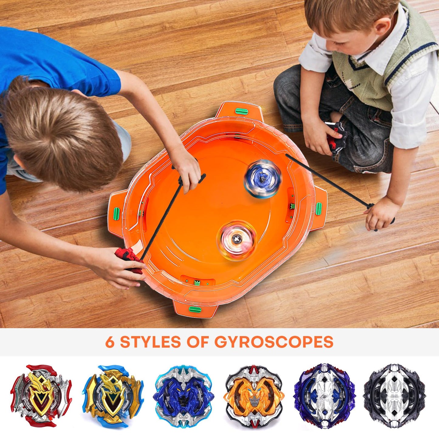 COCOFOX Battling Top Burst Toy Set – 6 Tops, 2 Launchers, 1 Stadium (Orange)
