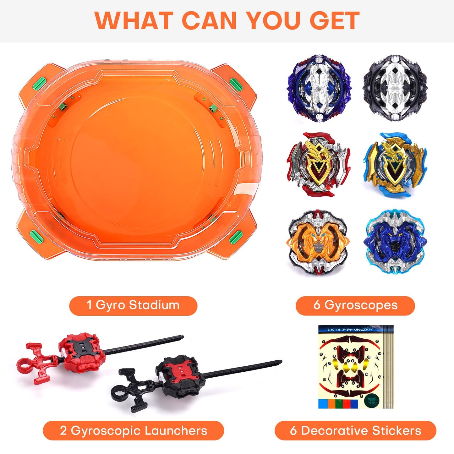 COCOFOX Battling Top Burst Toy Set – 6 Tops, 2 Launchers, 1 Stadium (Orange)