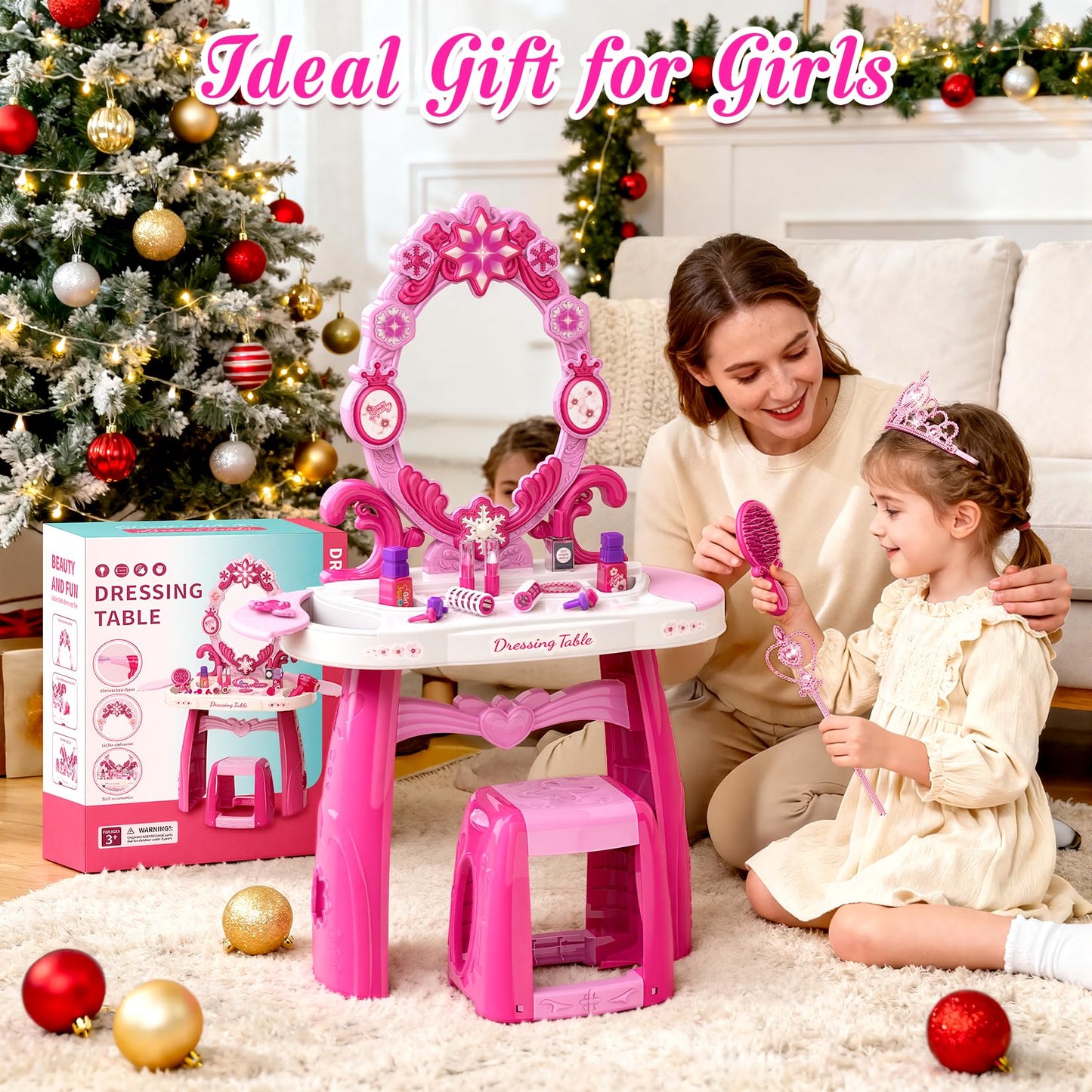 Cocojeci Toddler Vanity Table & Chair Set – Lighted Mirror & Music