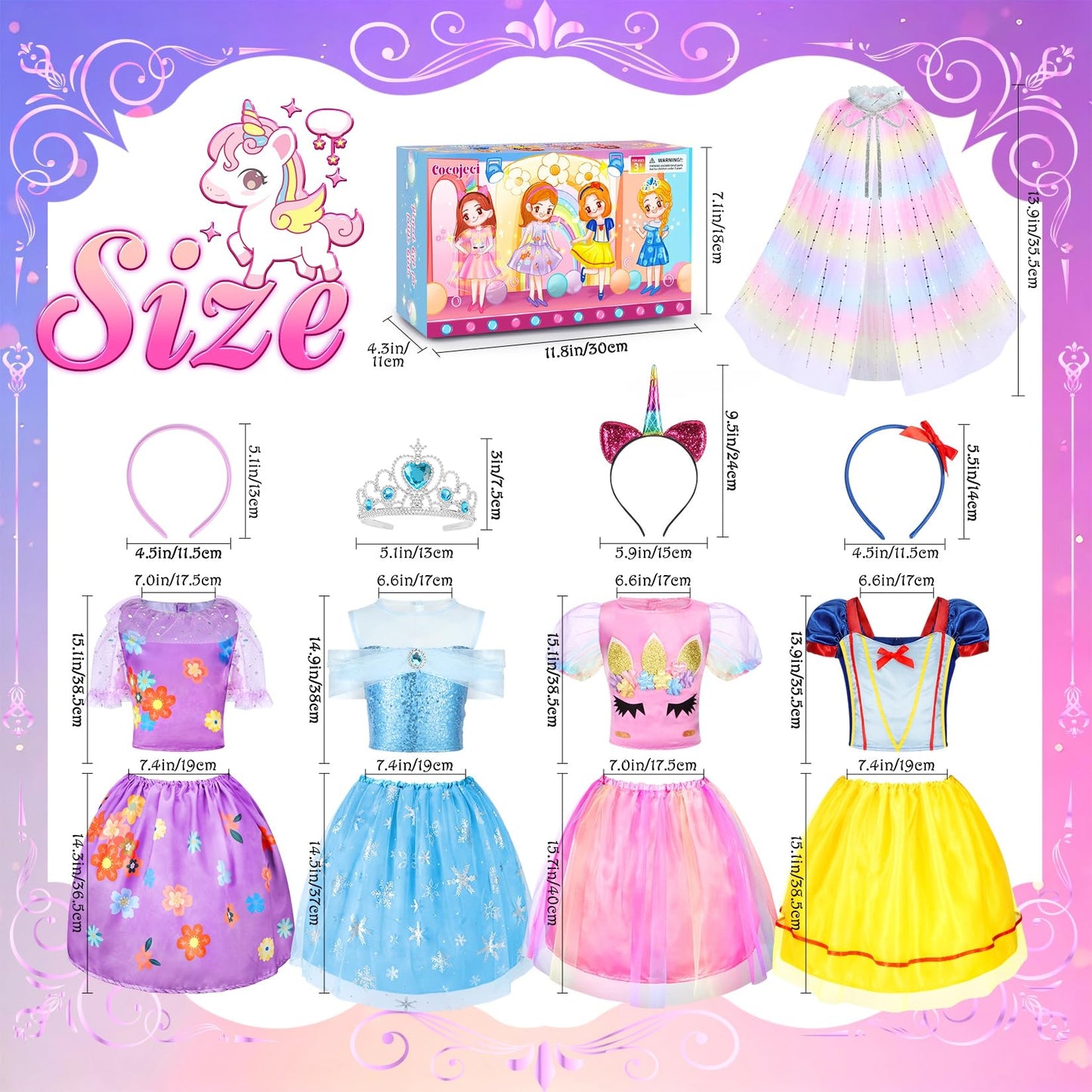 Cocojeci Princess Dress Up Clothes for Girls – 8-Piece Costume Set with Cape & Crown
