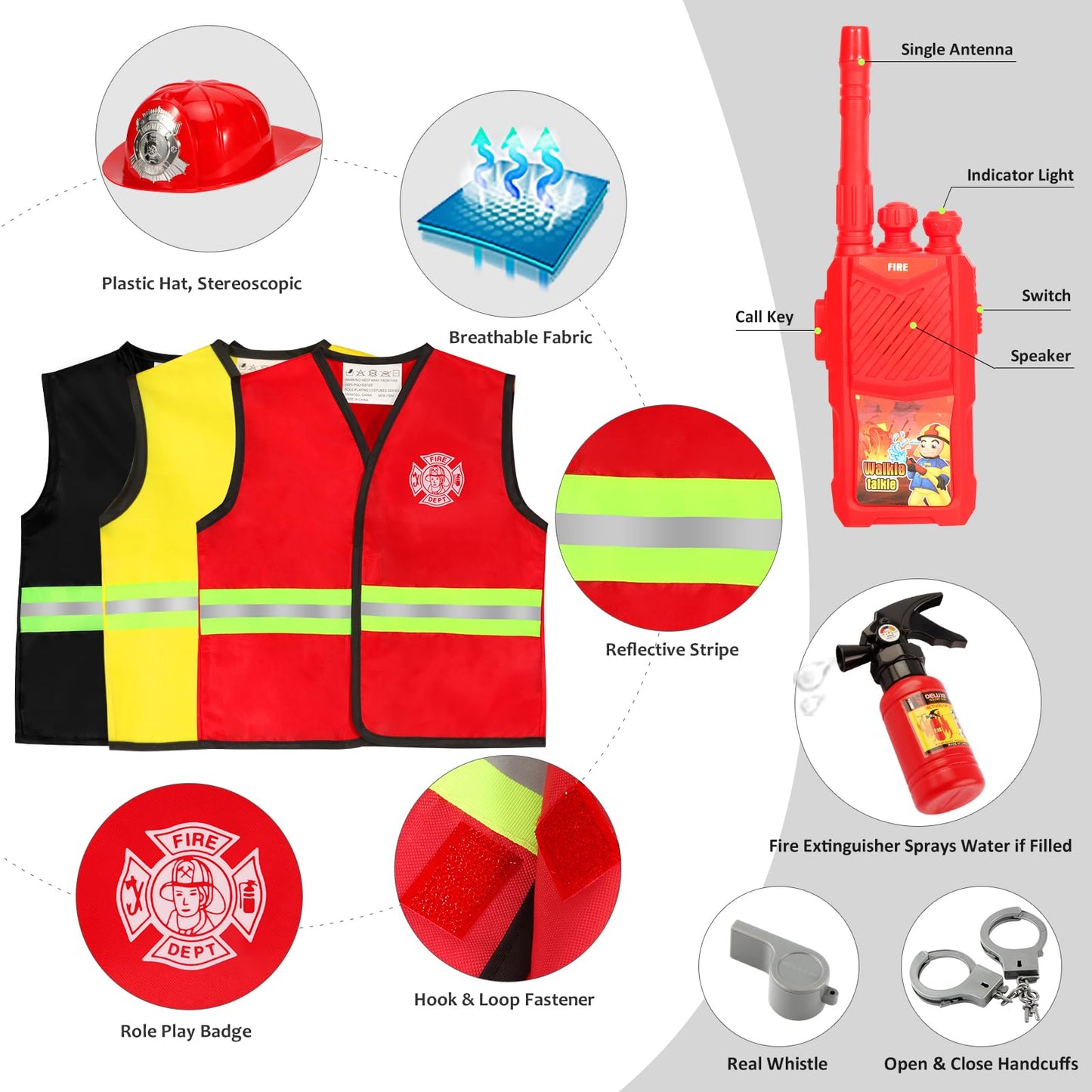 Cocojeci 15-Piece Boys Dress Up Trunk – Firefighter, Police & Engineer Costumes for Ages 3–7