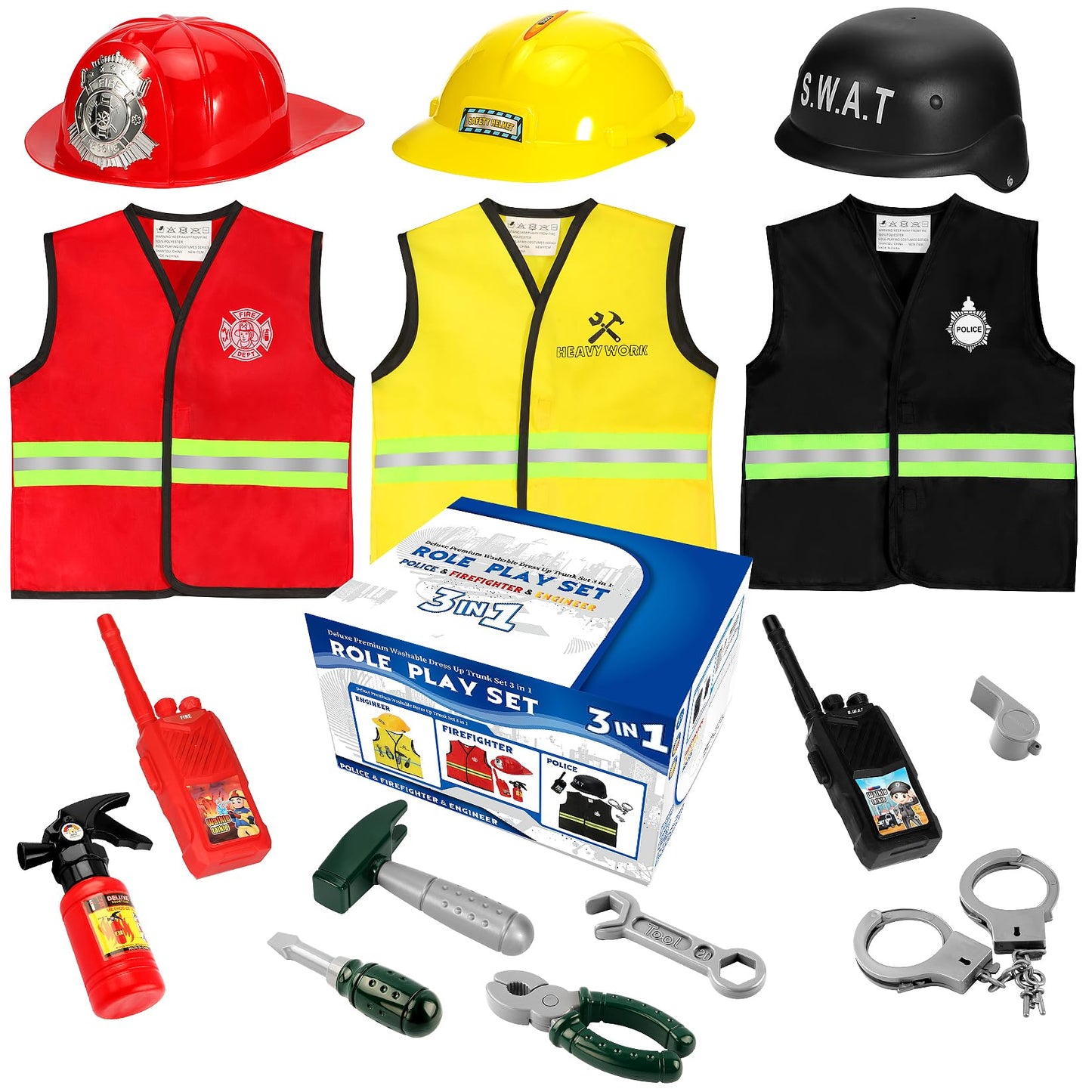 Cocojeci 15-Piece Boys Dress Up Trunk – Firefighter, Police & Engineer Costumes for Ages 3–7