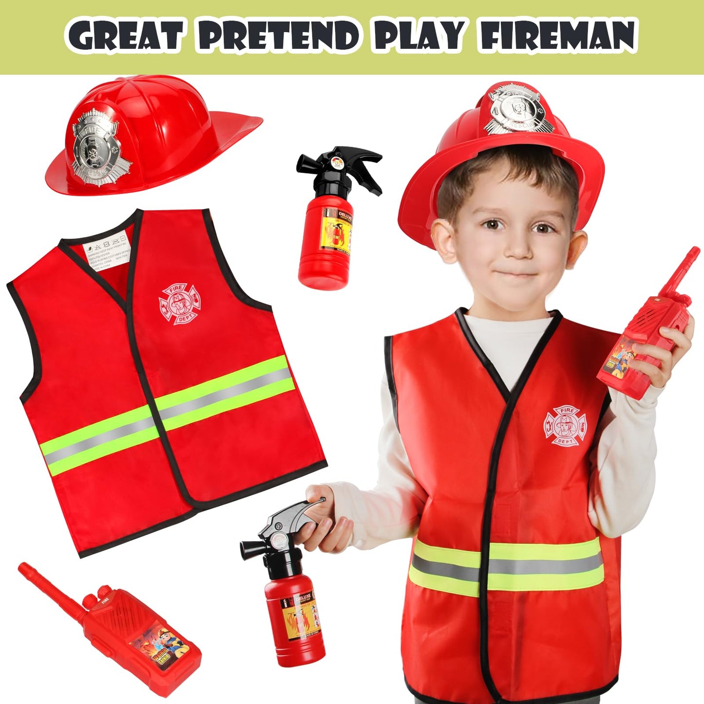 Cocojeci 15-Piece Boys Dress Up Trunk – Firefighter, Police & Engineer Costumes for Ages 3–7