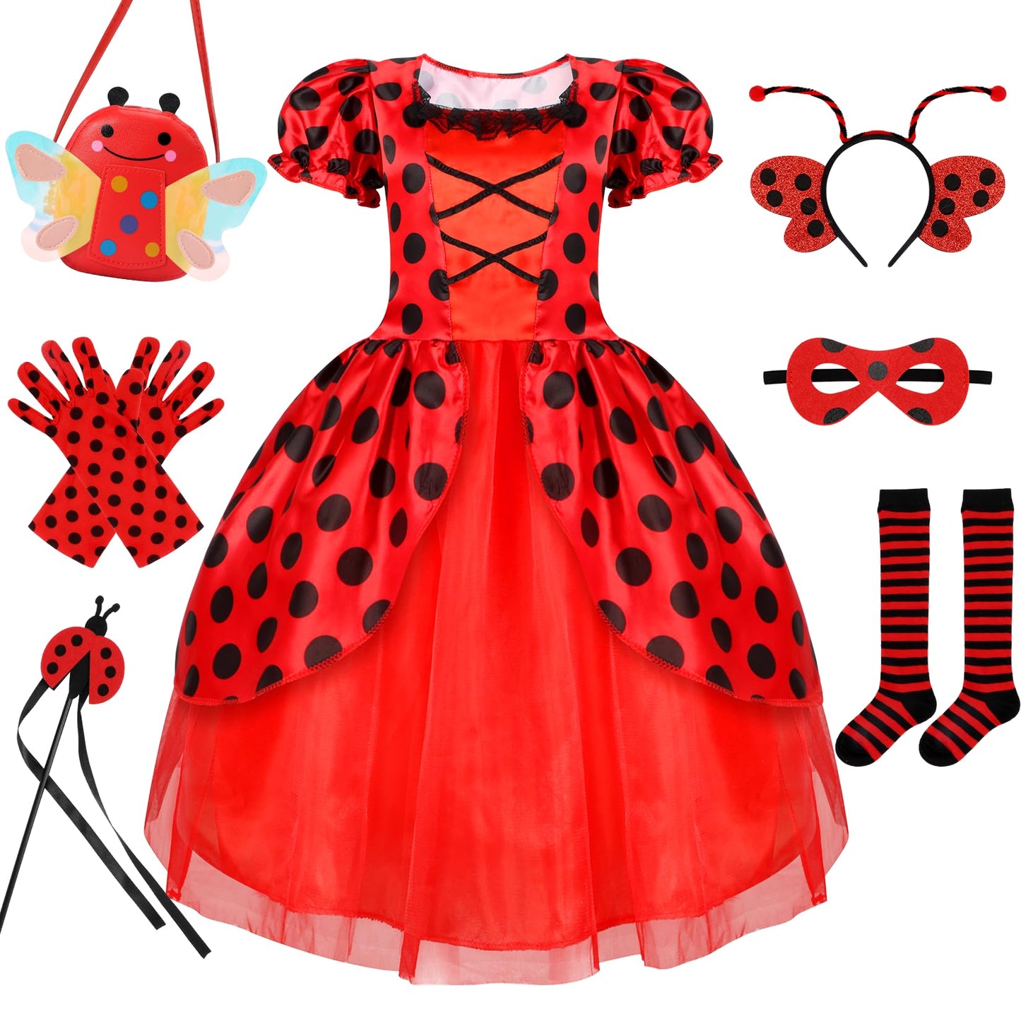Cocojeci Ladybug Costume Dress Set for Girls – 7-Piece Dress-Up Accessories