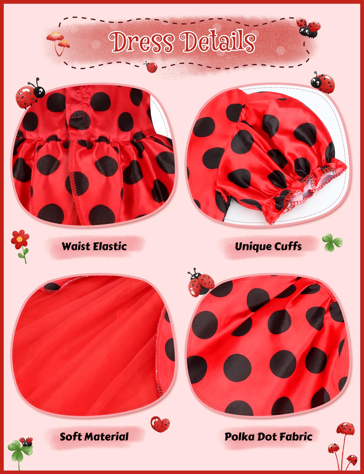 Cocojeci Ladybug Costume Dress Set for Girls – 7-Piece Dress-Up Accessories