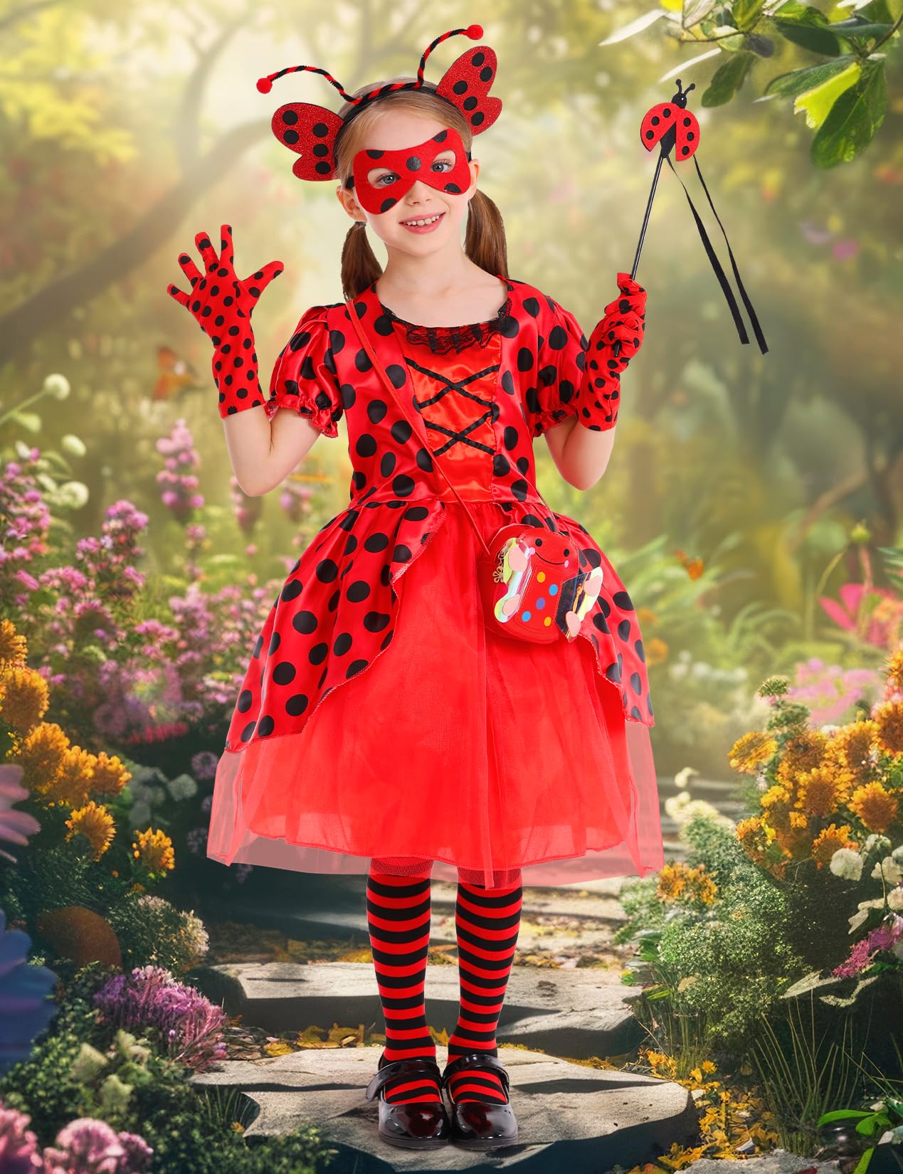 Cocojeci Ladybug Costume Dress Set for Girls – 7-Piece Dress-Up Accessories