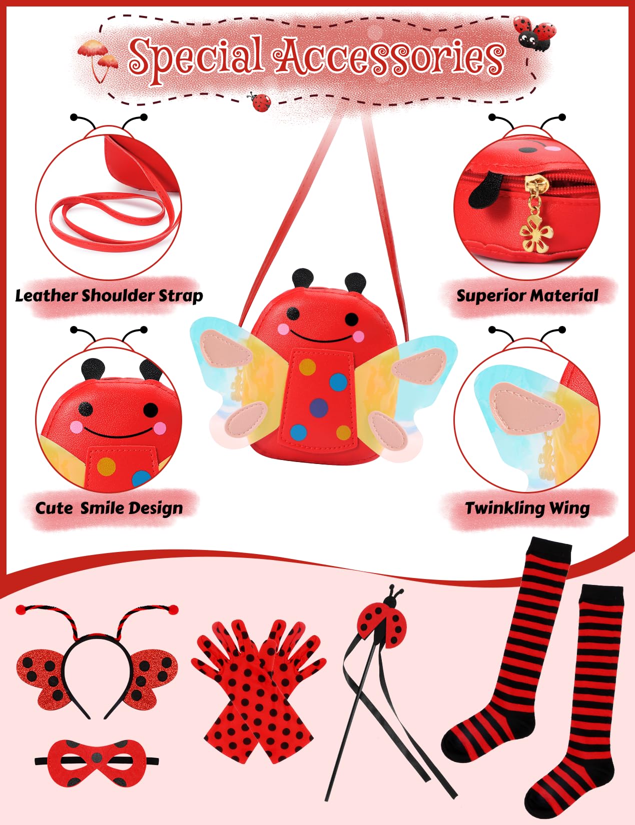 Cocojeci Ladybug Costume Dress Set for Girls – 7-Piece Dress-Up Accessories