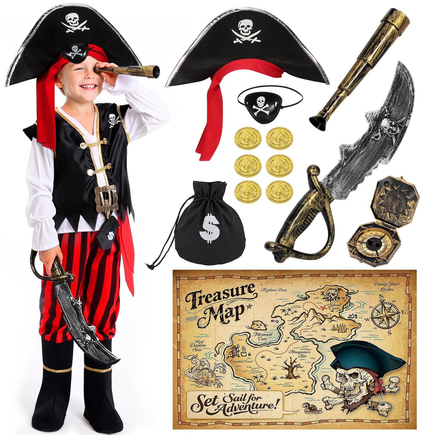 Cocojeci Pirate Costume for Kids – Complete 8-Piece Dress-Up Set for Boys (Halloween)