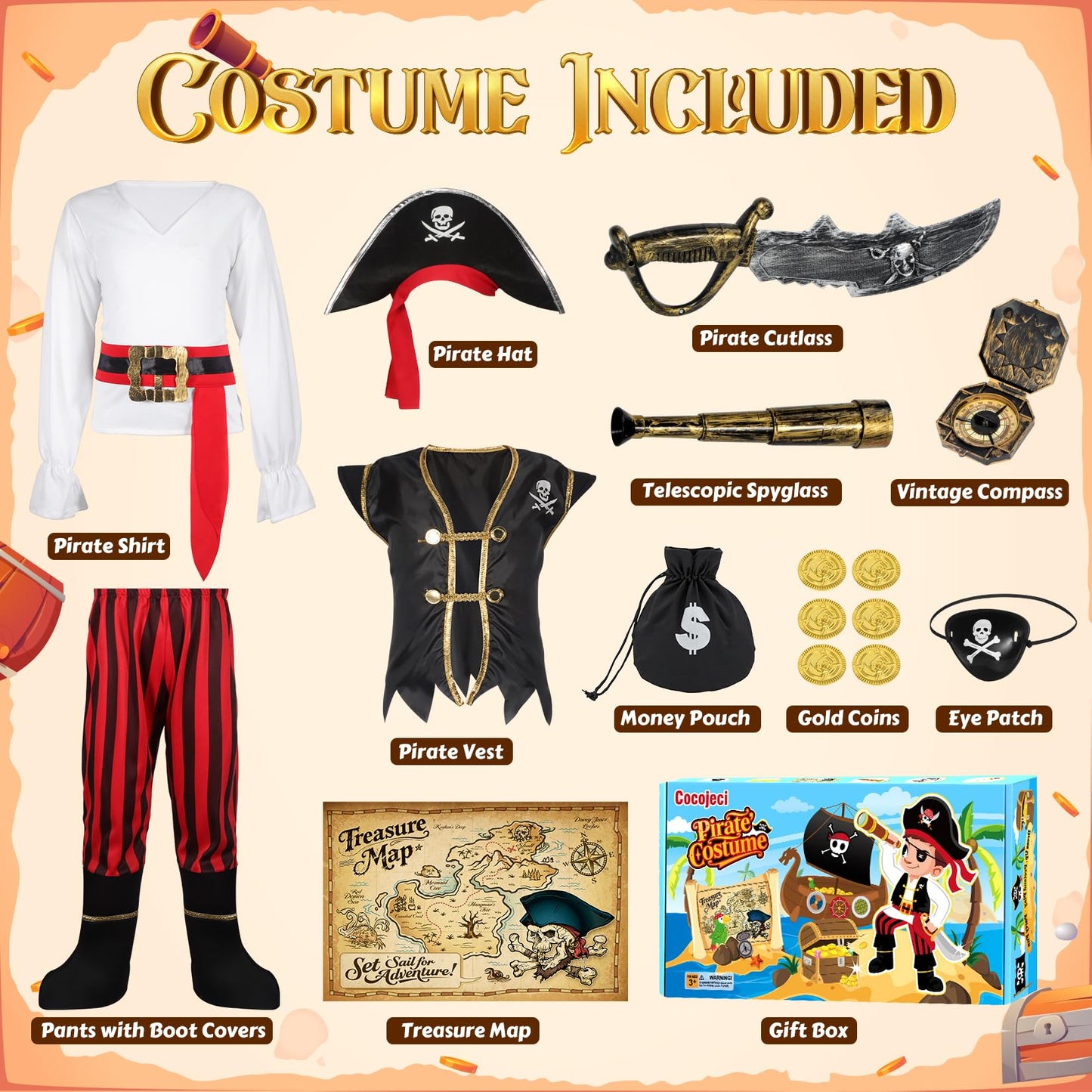 Cocojeci Pirate Costume for Kids – Complete 8-Piece Dress-Up Set for Boys (Halloween)